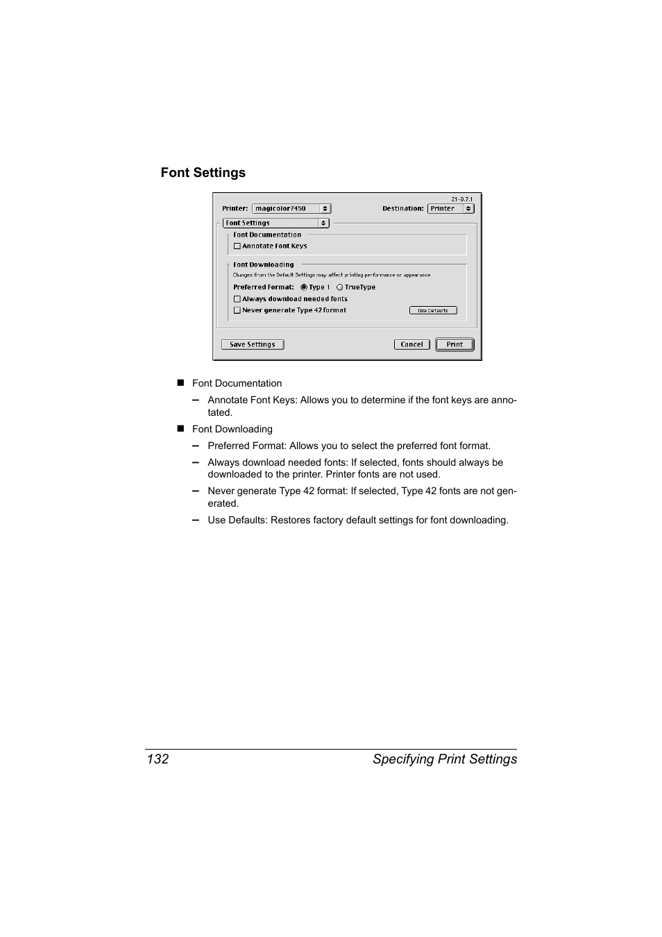 Font settings, Font settings 132 | Konica Minolta magicolor 7450II User Manual | Page 152 / 350