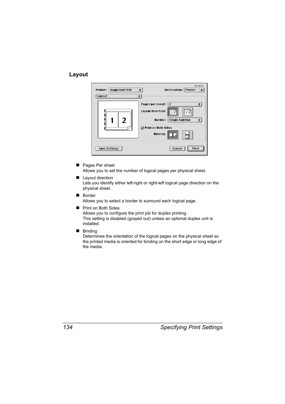 Layout, Layout 134, Specifying print settings 134 layout | Konica Minolta magicolor 7450II User Manual | Page 154 / 350