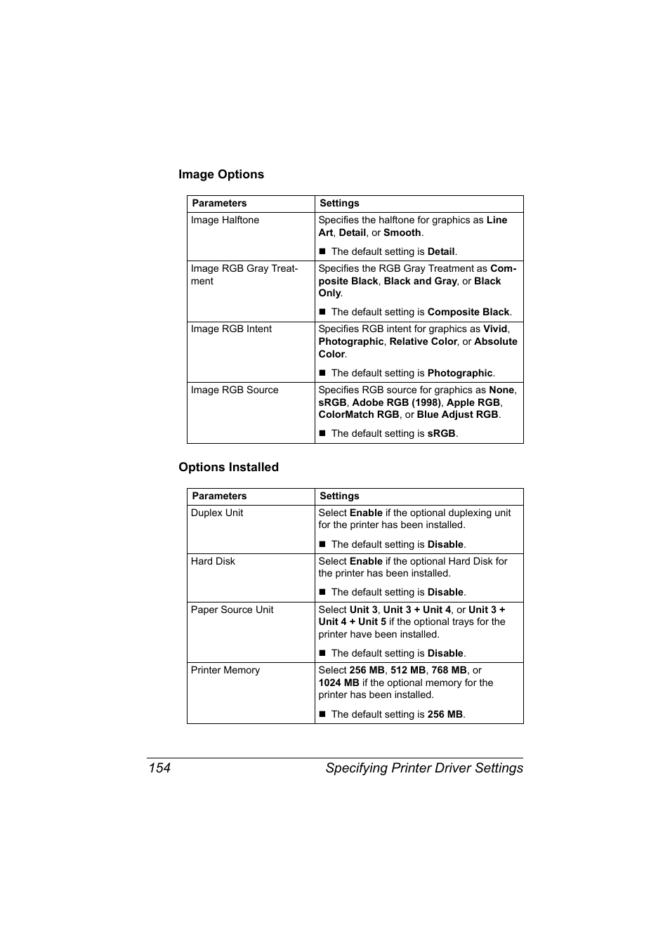 Image options, Options installed, Image options 154 options installed 154 | Specifying printer driver settings 154 | Konica Minolta magicolor 7450II User Manual | Page 174 / 350