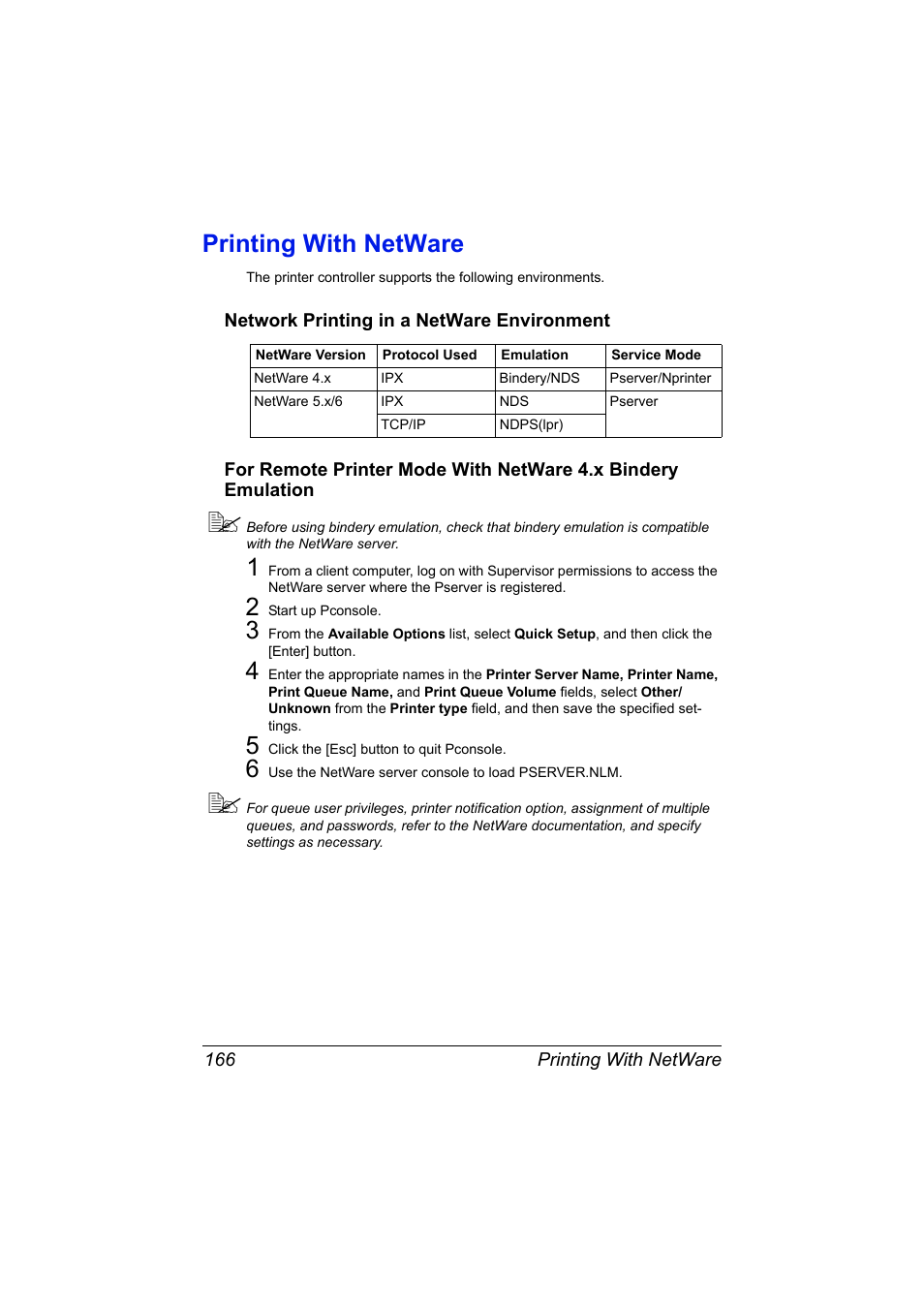 Printing with netware, Network printing in a netware environment, Printing with netware 166 | Konica Minolta magicolor 7450II User Manual | Page 186 / 350