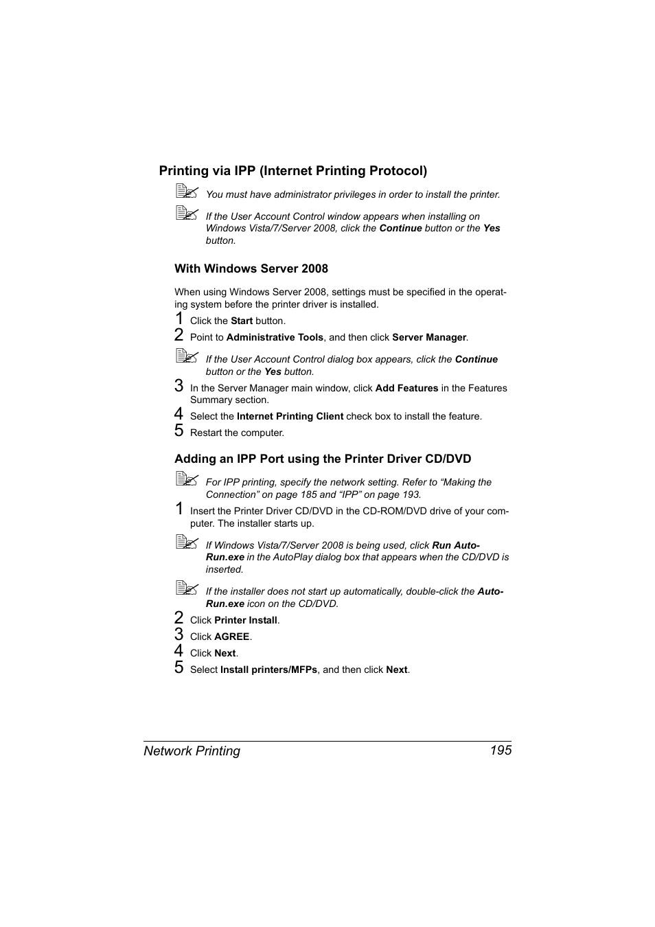 Printing via ipp (internet printing protocol), With windows server 2008, Adding an ipp port using the printer driver cd/dvd | Printing via ipp (internet printing protocol) 195 | Konica Minolta magicolor 7450II User Manual | Page 215 / 350