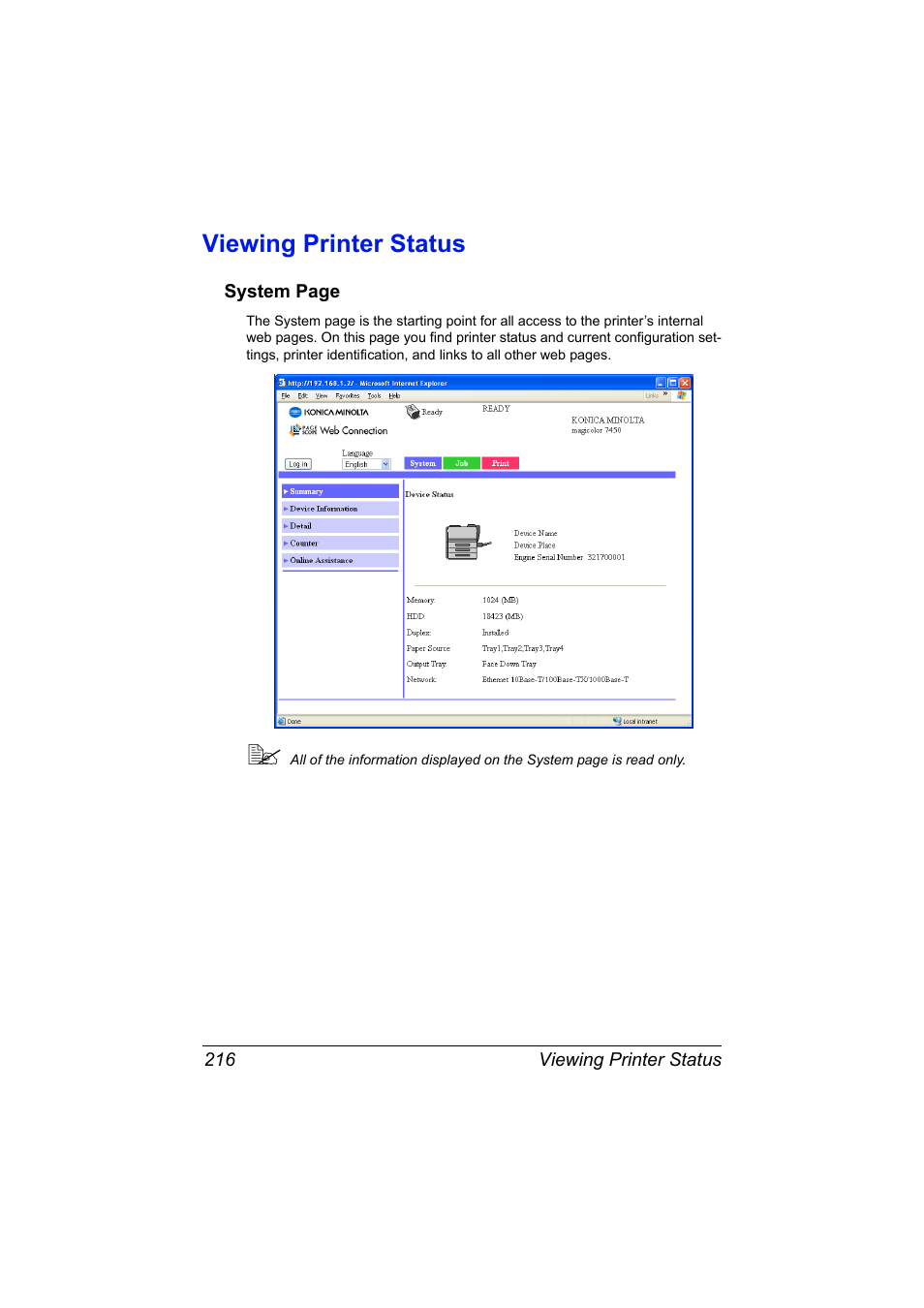 Viewing printer status, Viewing printer status 216 | Konica Minolta magicolor 7450II User Manual | Page 236 / 350