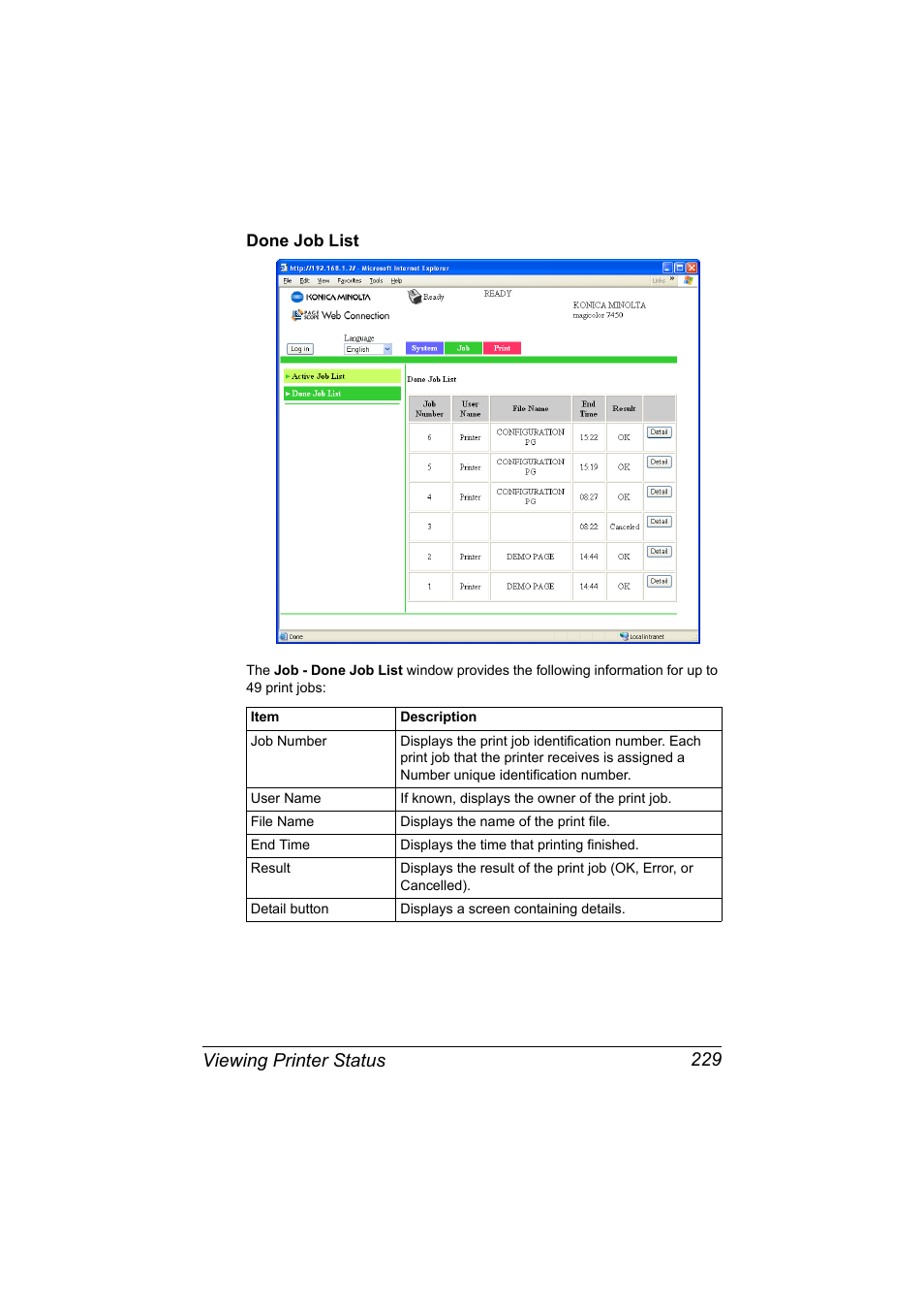 Done job list, Done job list 229, Viewing printer status 229 | Konica Minolta magicolor 7450II User Manual | Page 249 / 350