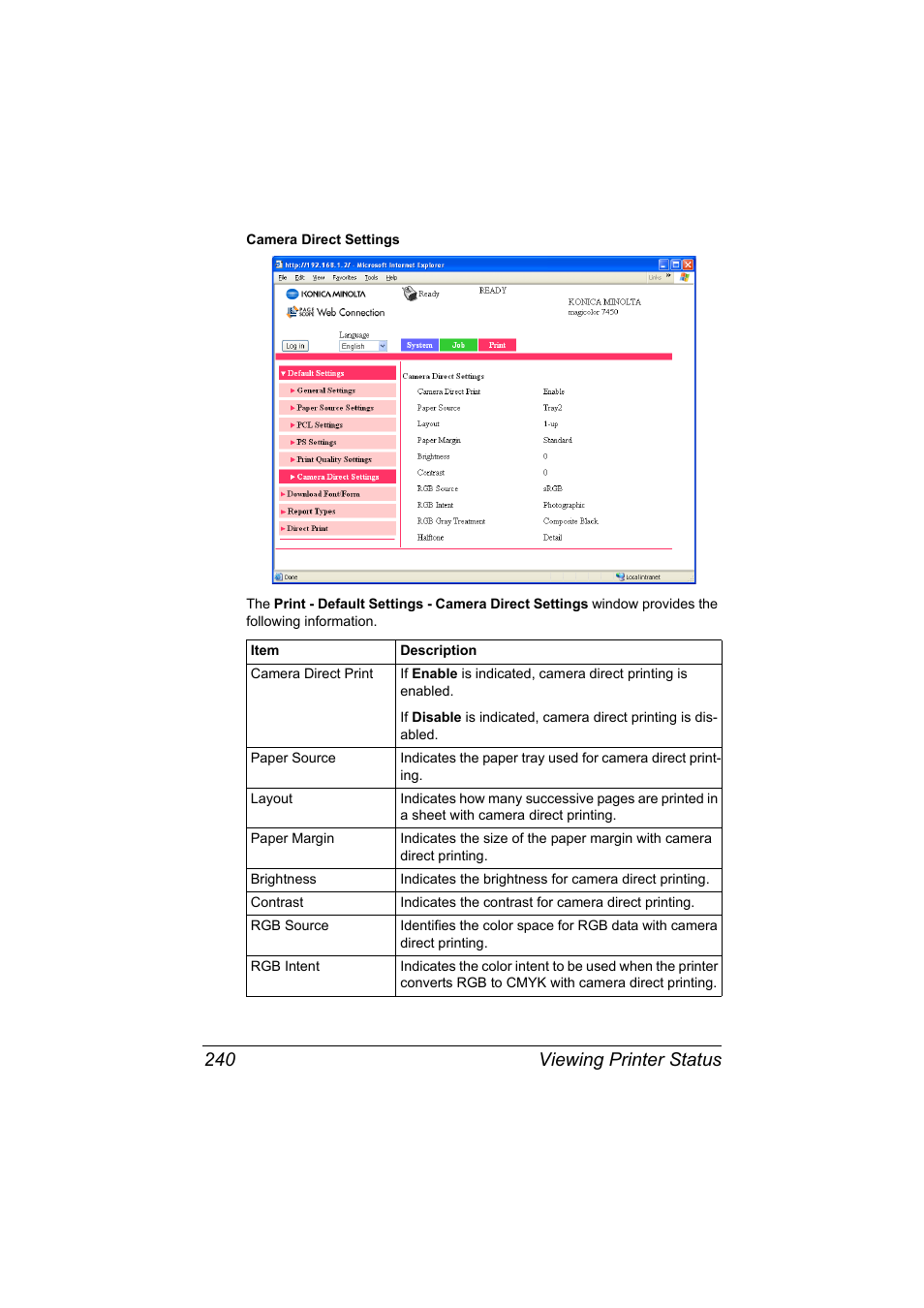 Viewing printer status 240 | Konica Minolta magicolor 7450II User Manual | Page 260 / 350