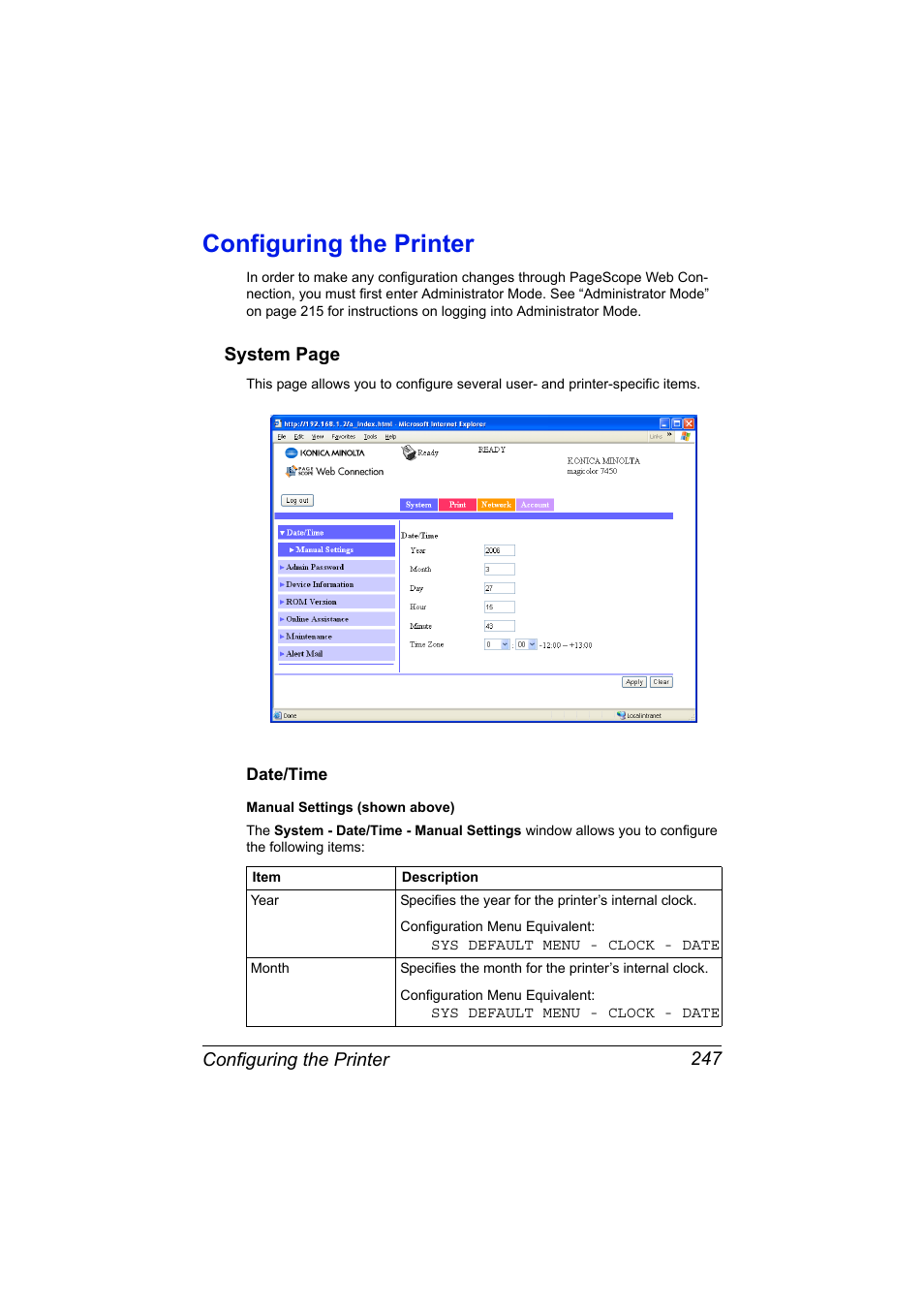 Configuring the printer, Date/time, Configuring the printer 247 | Date/time 247 | Konica Minolta magicolor 7450II User Manual | Page 267 / 350