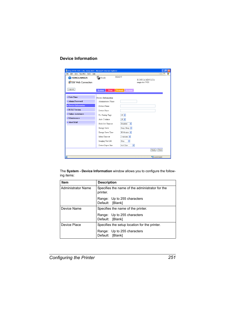 Device information, Device information 251, Configuring the printer 251 | Konica Minolta magicolor 7450II User Manual | Page 271 / 350