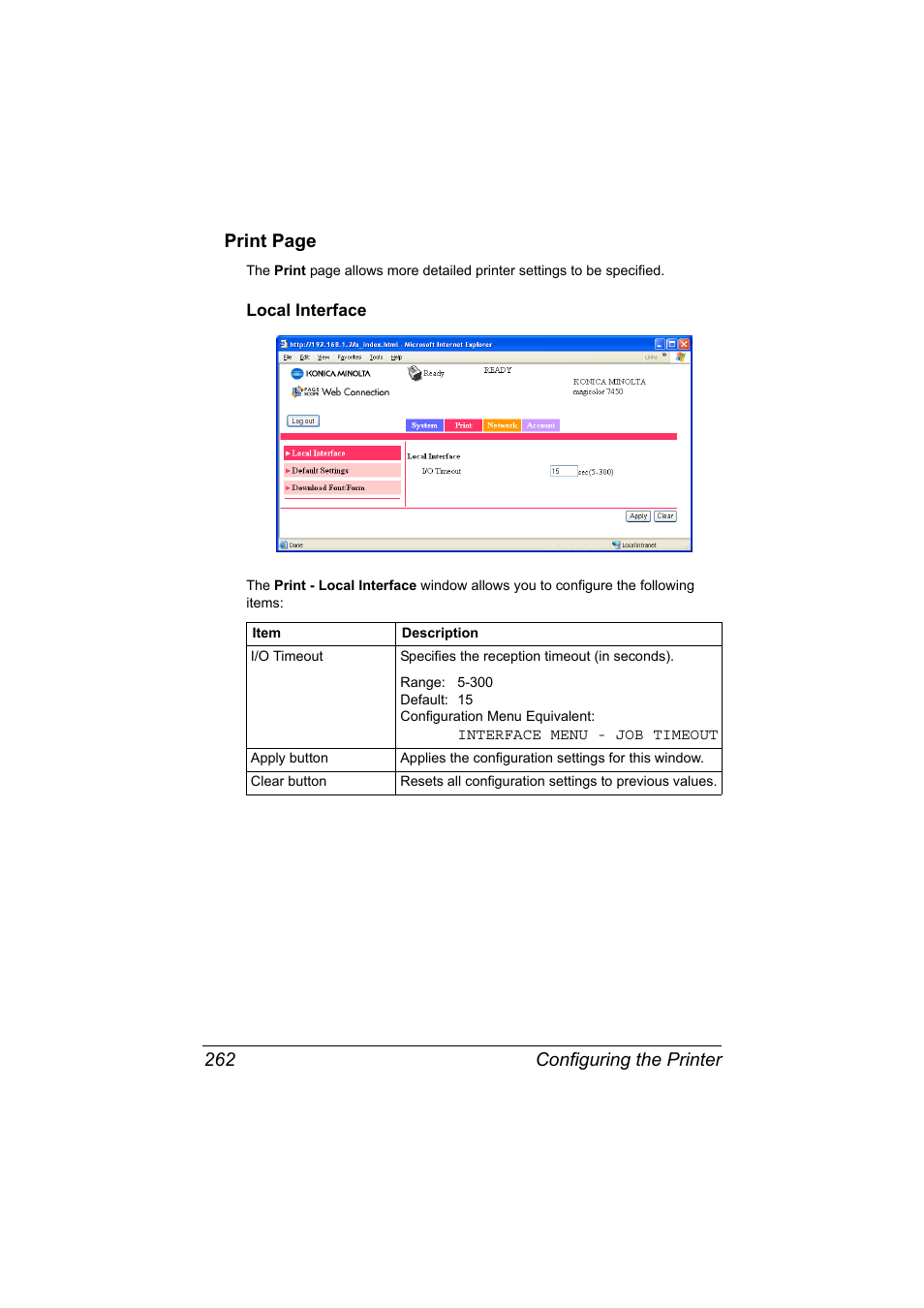 Local interface, Local interface 262, Configuring the printer 262 print page | Konica Minolta magicolor 7450II User Manual | Page 282 / 350