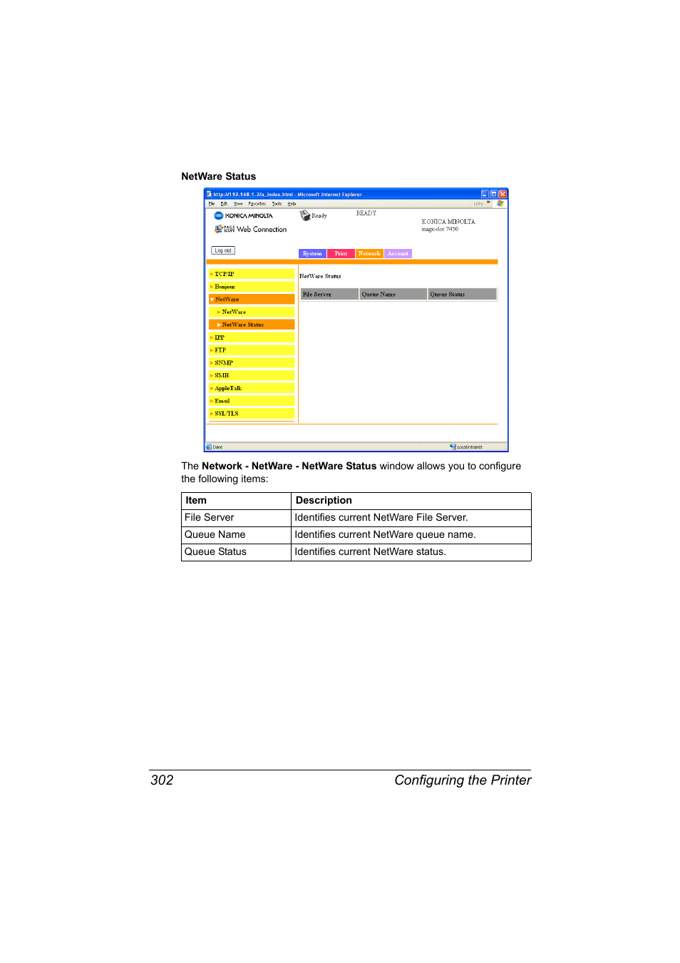 Configuring the printer 302 | Konica Minolta magicolor 7450II User Manual | Page 322 / 350