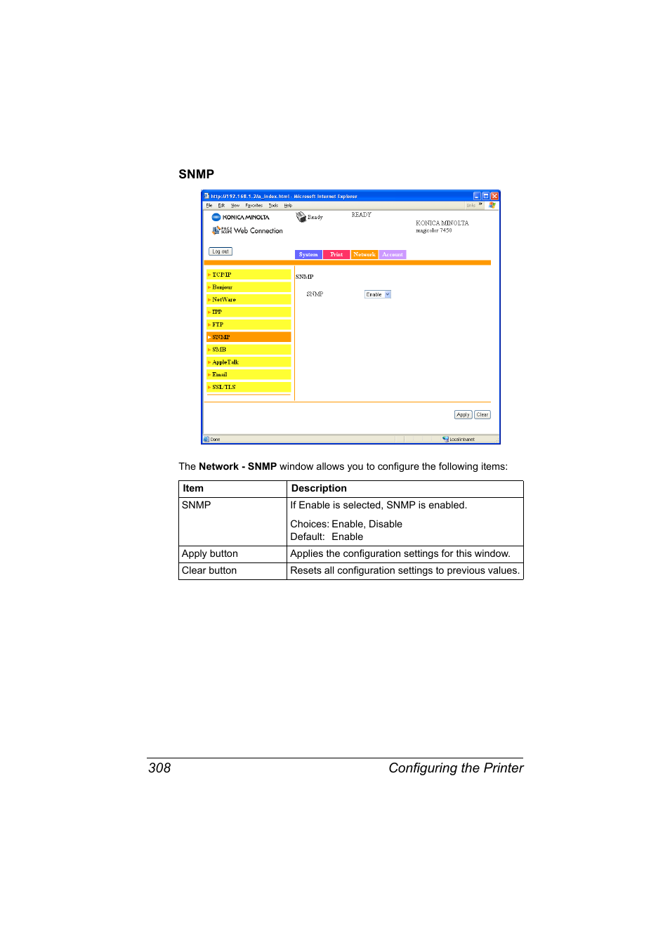 Snmp, Snmp 308, Configuring the printer 308 | Konica Minolta magicolor 7450II User Manual | Page 328 / 350