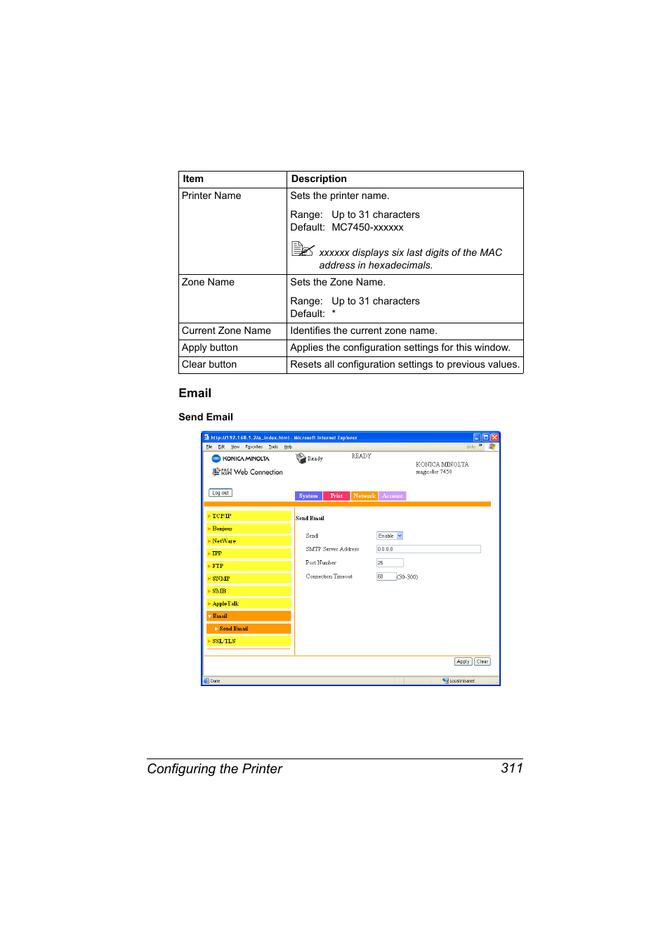 Email, Email 311, Configuring the printer 311 | Konica Minolta magicolor 7450II User Manual | Page 331 / 350