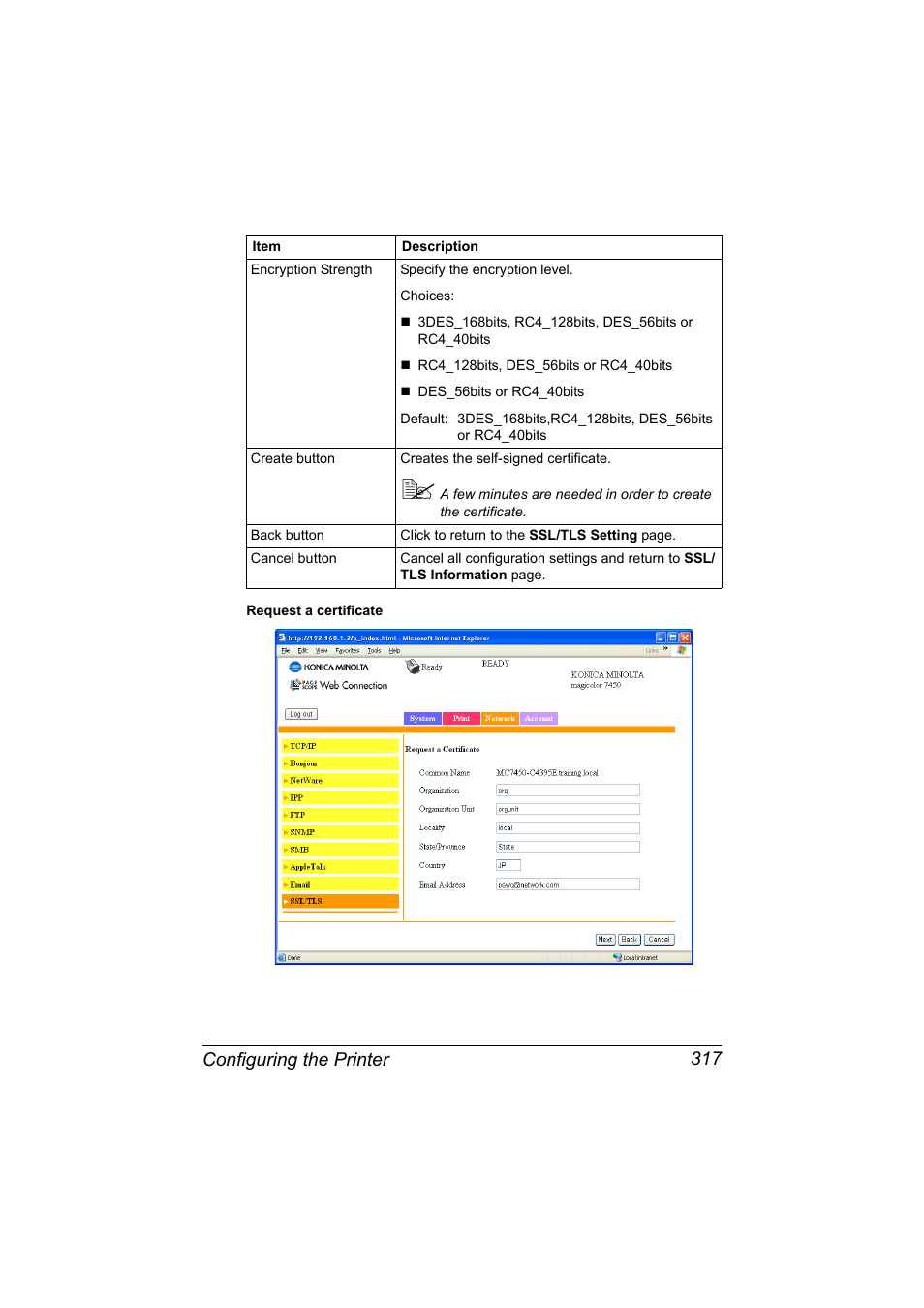 Configuring the printer 317 | Konica Minolta magicolor 7450II User Manual | Page 337 / 350