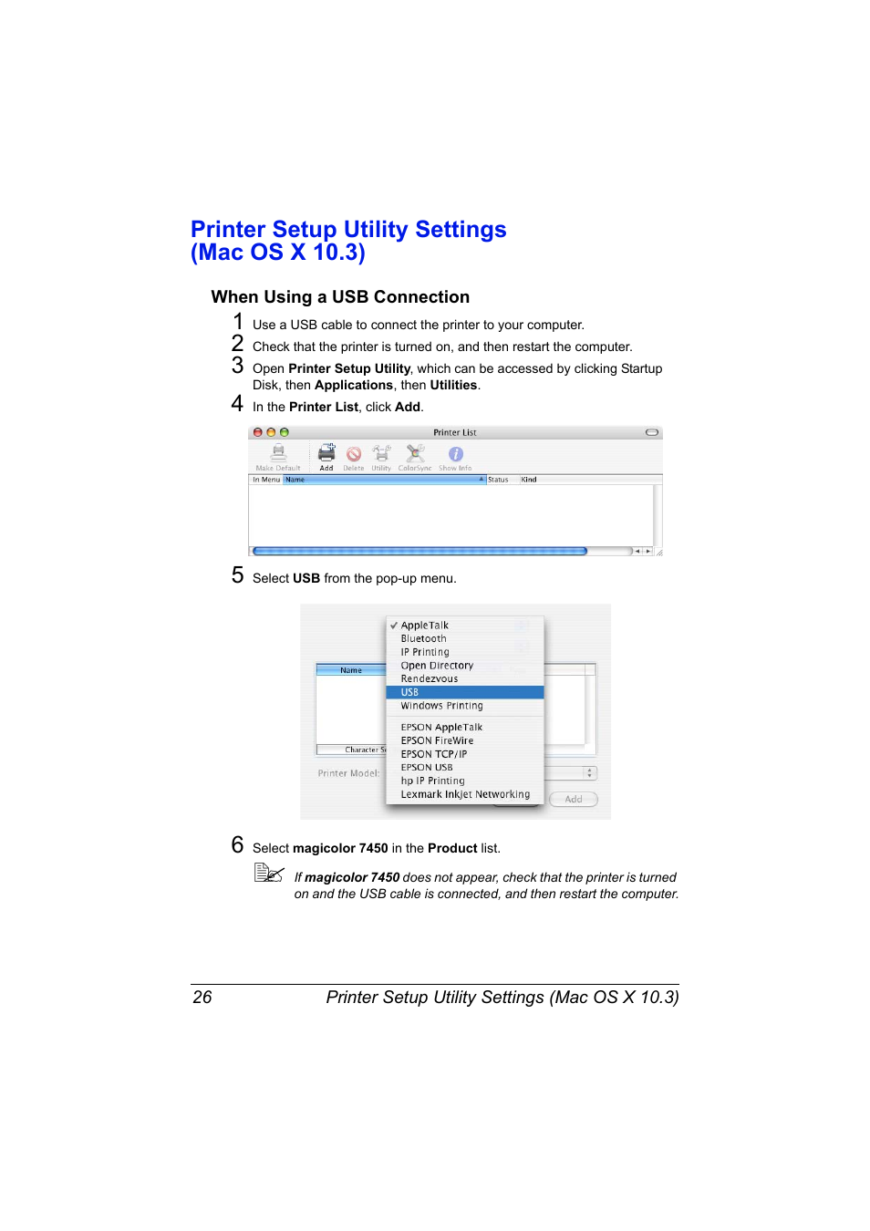 Printer setup utility settings (mac os x 10.3), When using a usb connection, Printer setup utility settings (mac os x 10.3) 26 | When using a usb connection 26 | Konica Minolta magicolor 7450II User Manual | Page 46 / 350