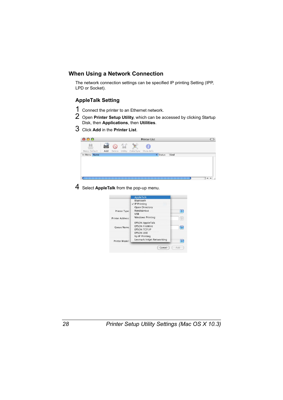 When using a network connection, Appletalk setting, When using a network connection 28 | Appletalk setting 28 | Konica Minolta magicolor 7450II User Manual | Page 48 / 350