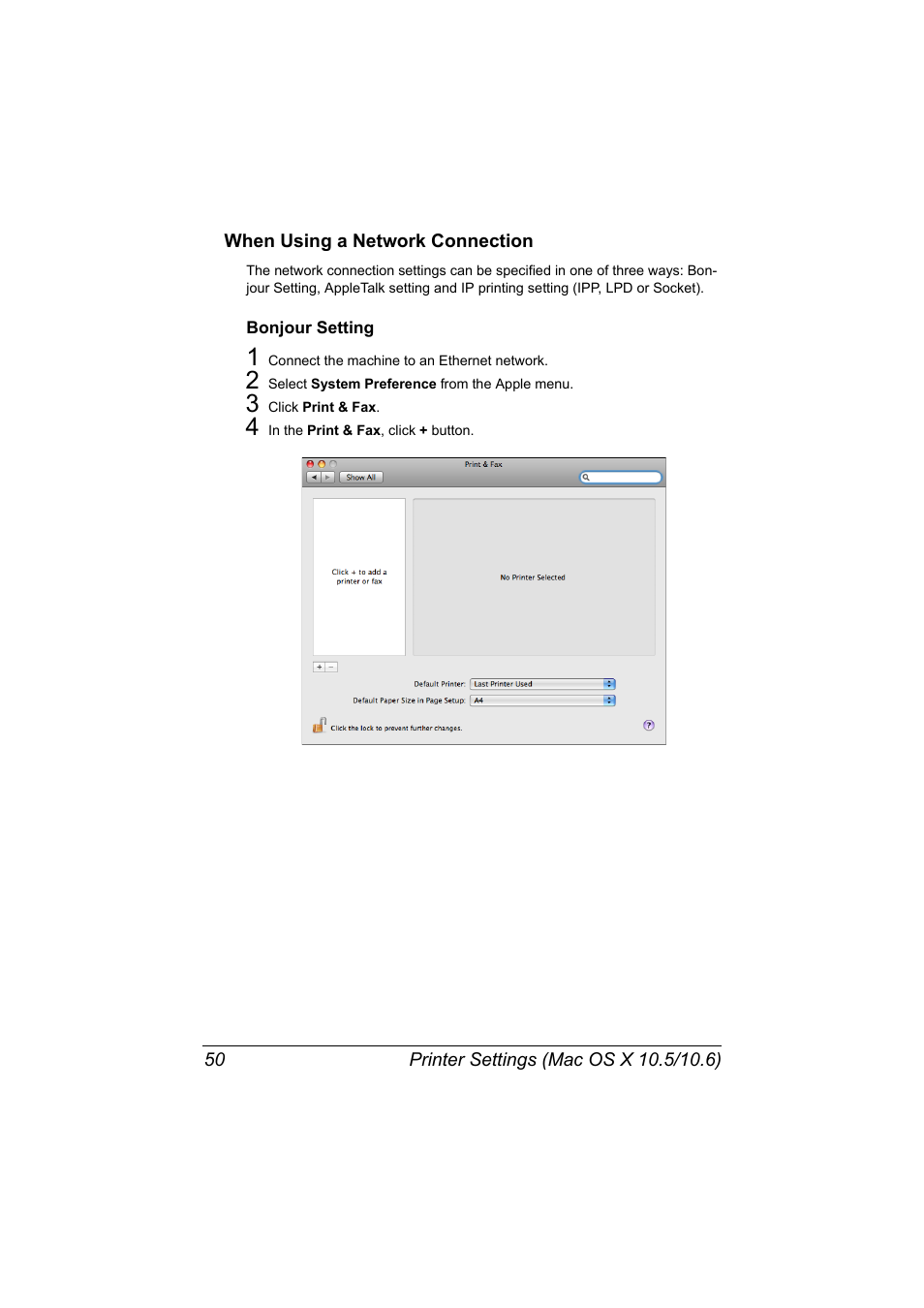 When using a network connection, Bonjour setting, When using a network connection 50 | Bonjour setting 50 | Konica Minolta magicolor 7450II User Manual | Page 70 / 350