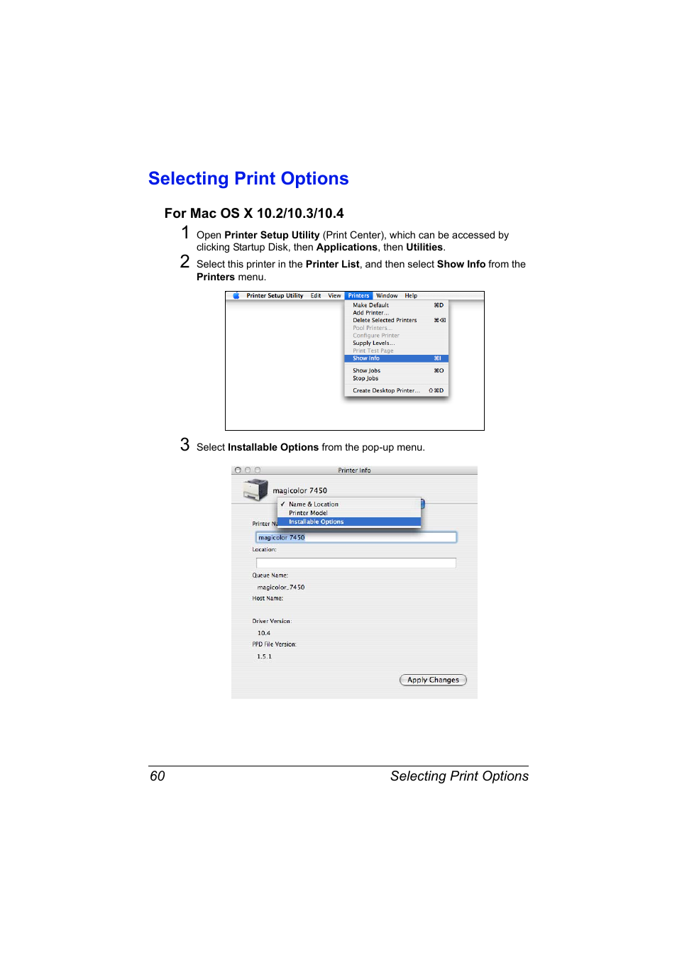 Selecting print options, For mac os x 10.2/10.3/10.4, Selecting print options 60 | For mac os x 10.2/10.3/10.4 60 | Konica Minolta magicolor 7450II User Manual | Page 80 / 350