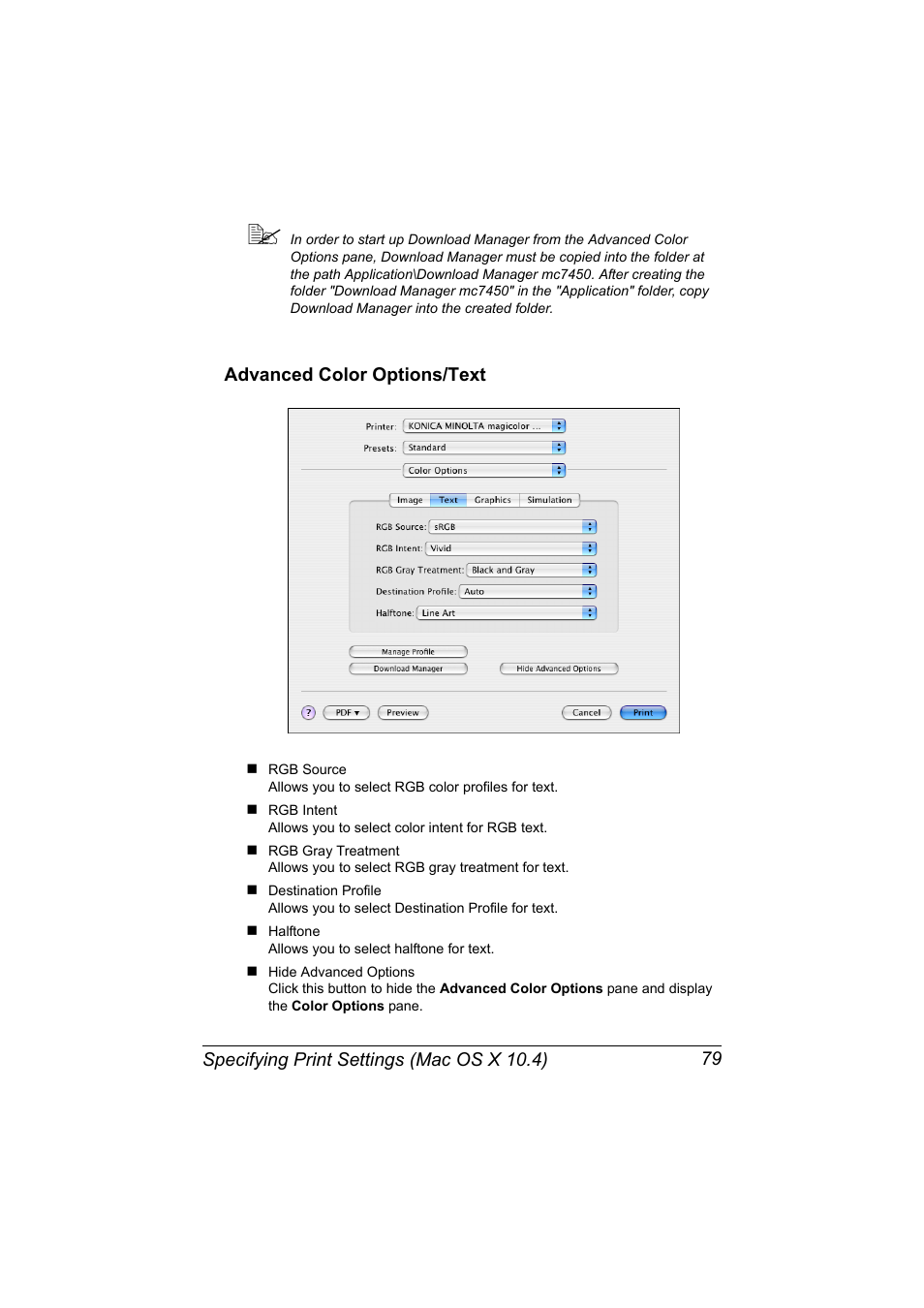 Advanced color options/text, Advanced color options/text 79 | Konica Minolta magicolor 7450II User Manual | Page 99 / 350