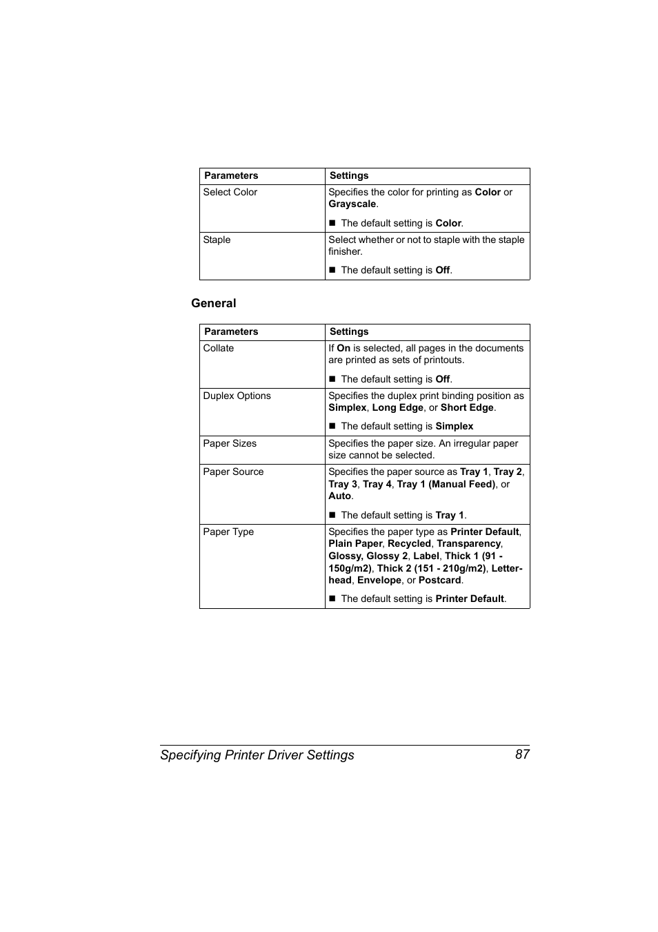 General, General 87, Specifying printer driver settings 87 | Konica Minolta magicolor 5570CK User Manual | Page 105 / 296