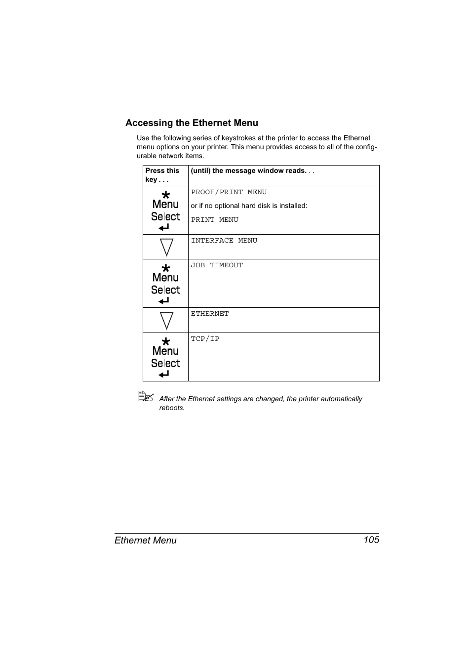 Accessing the ethernet menu, Accessing the ethernet menu 105 | Konica Minolta magicolor 5570CK User Manual | Page 123 / 296
