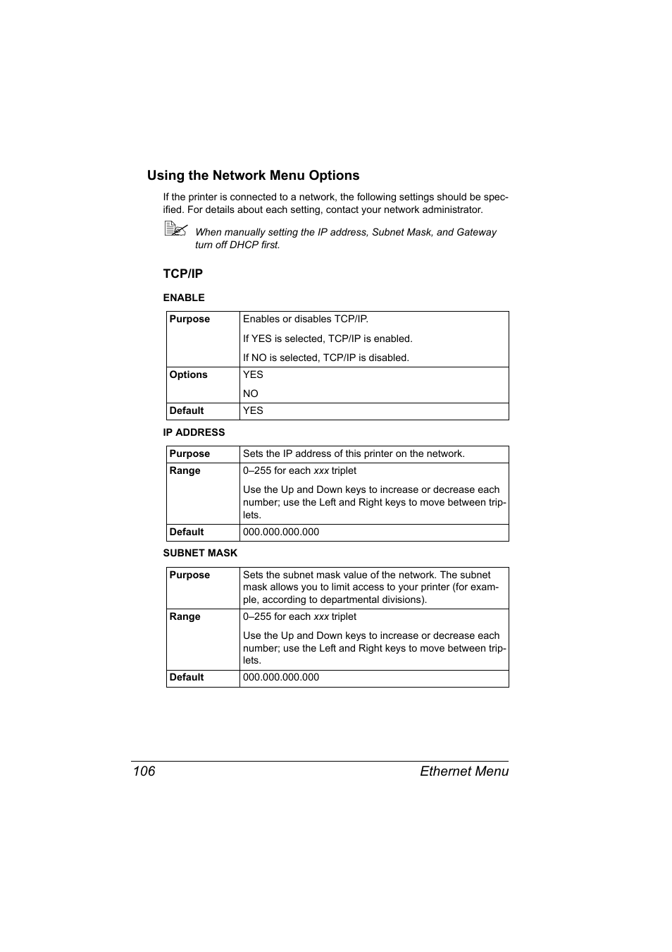 Using the network menu options, Tcp/ip, Using the network menu options 106 | Tcp/ip 106, Ethernet menu 106 using the network menu options | Konica Minolta magicolor 5570CK User Manual | Page 124 / 296
