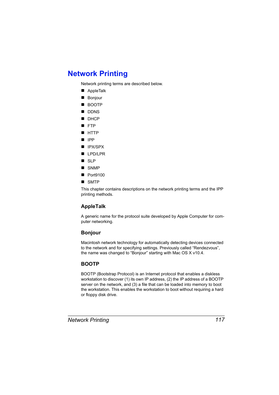 Network printing, Appletalk, Bonjour | Bootp, Network printing 117, Appletalk 117 bonjour 117 bootp 117 | Konica Minolta magicolor 5570CK User Manual | Page 135 / 296