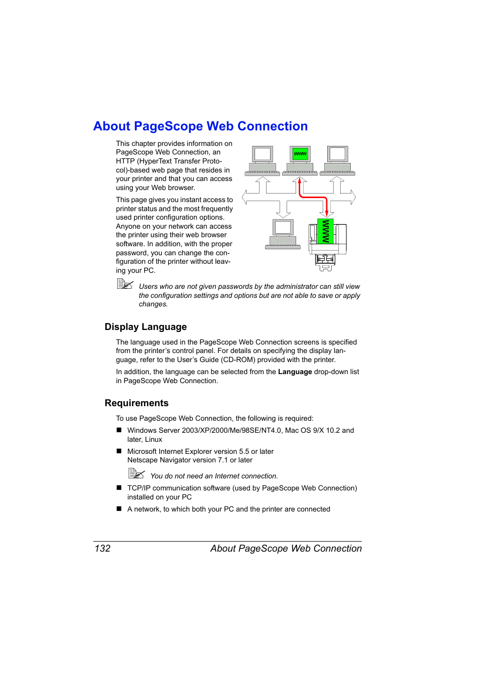 Display language, Requirements, Display language 132 requirements 132 | About pagescope web connection | Konica Minolta magicolor 5570CK User Manual | Page 150 / 296