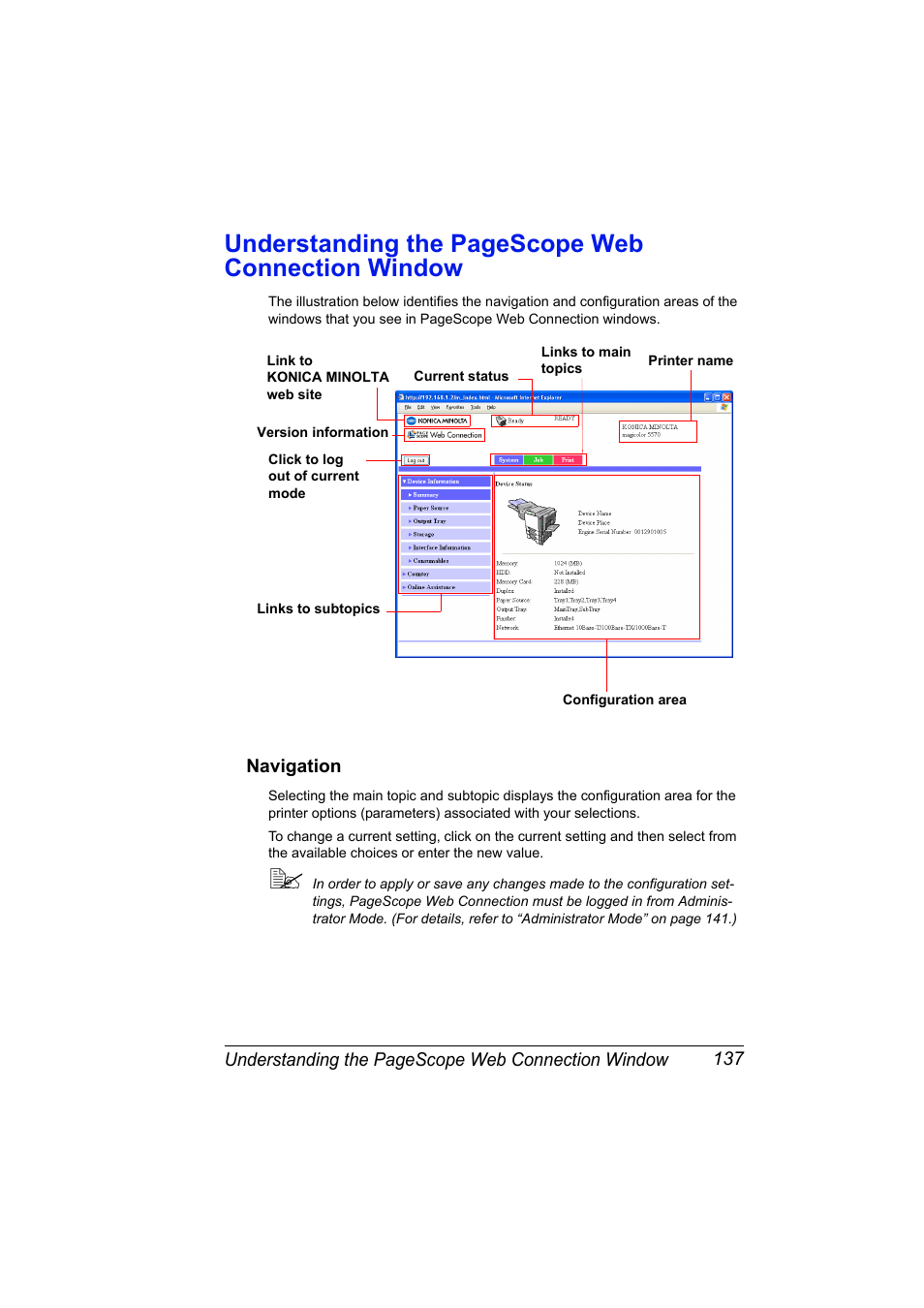 Navigation, Navigation 137, Understanding the pagescope web connection window | Konica Minolta magicolor 5570CK User Manual | Page 155 / 296