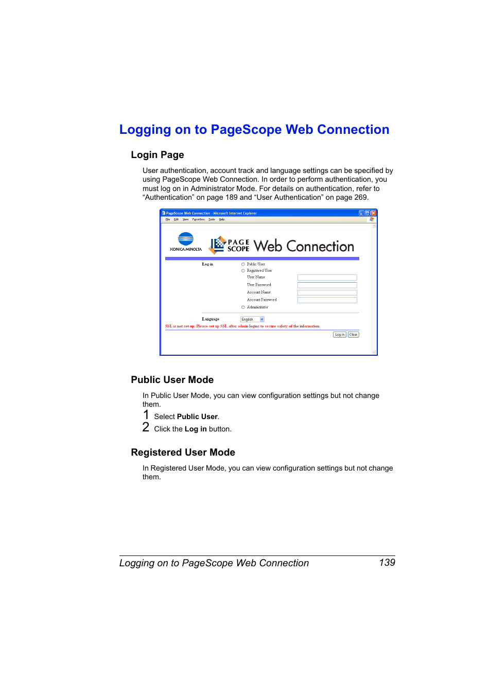 Public user mode, Registered user mode, Logging on to pagescope web connection | Konica Minolta magicolor 5570CK User Manual | Page 157 / 296