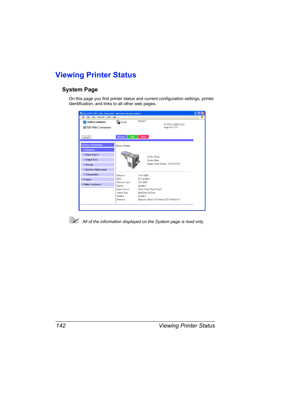 Viewing printer status, Viewing printer status 142 | Konica Minolta magicolor 5570CK User Manual | Page 160 / 296