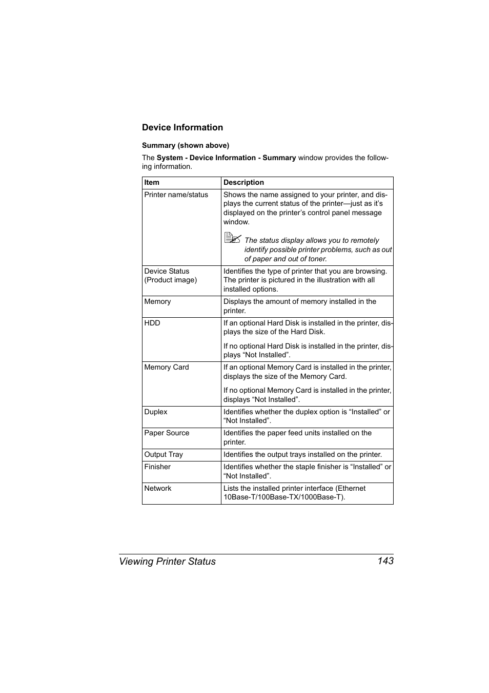 Device information, Device information 143, Viewing printer status 143 | Konica Minolta magicolor 5570CK User Manual | Page 161 / 296