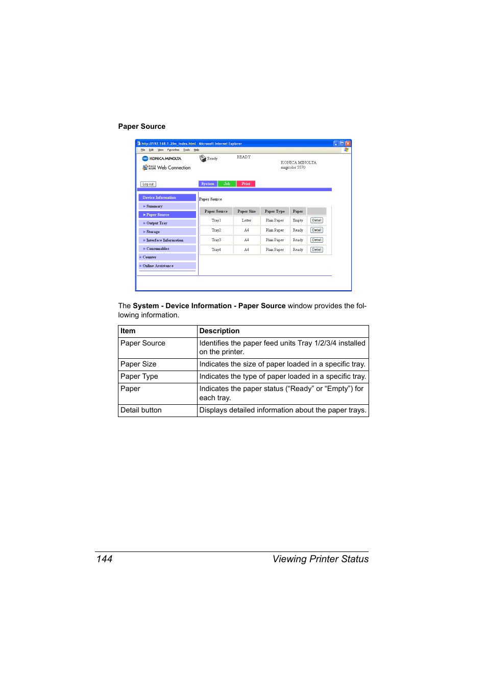 Viewing printer status 144 | Konica Minolta magicolor 5570CK User Manual | Page 162 / 296