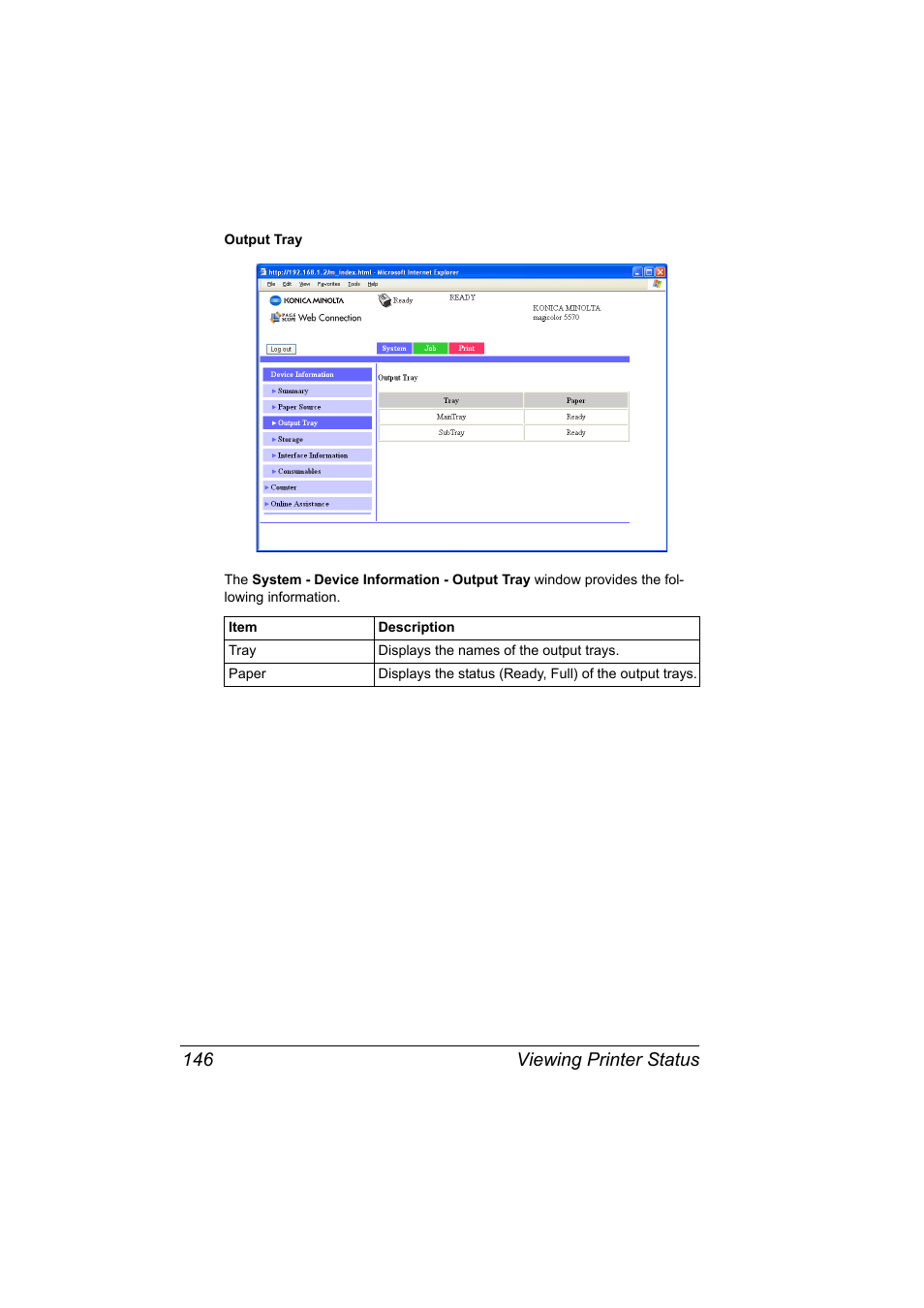 Viewing printer status 146 | Konica Minolta magicolor 5570CK User Manual | Page 164 / 296