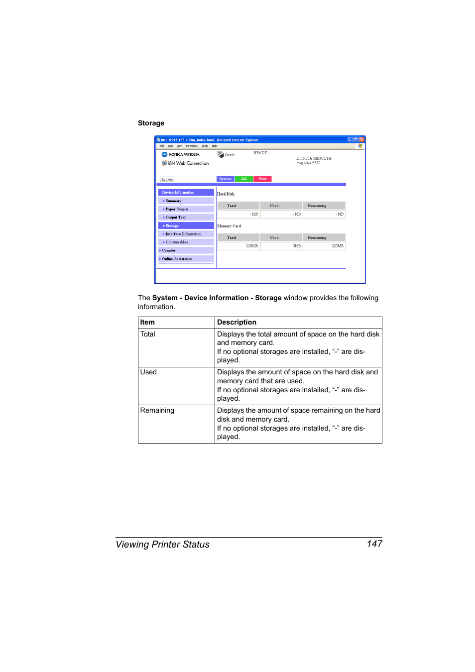 Viewing printer status 147 | Konica Minolta magicolor 5570CK User Manual | Page 165 / 296