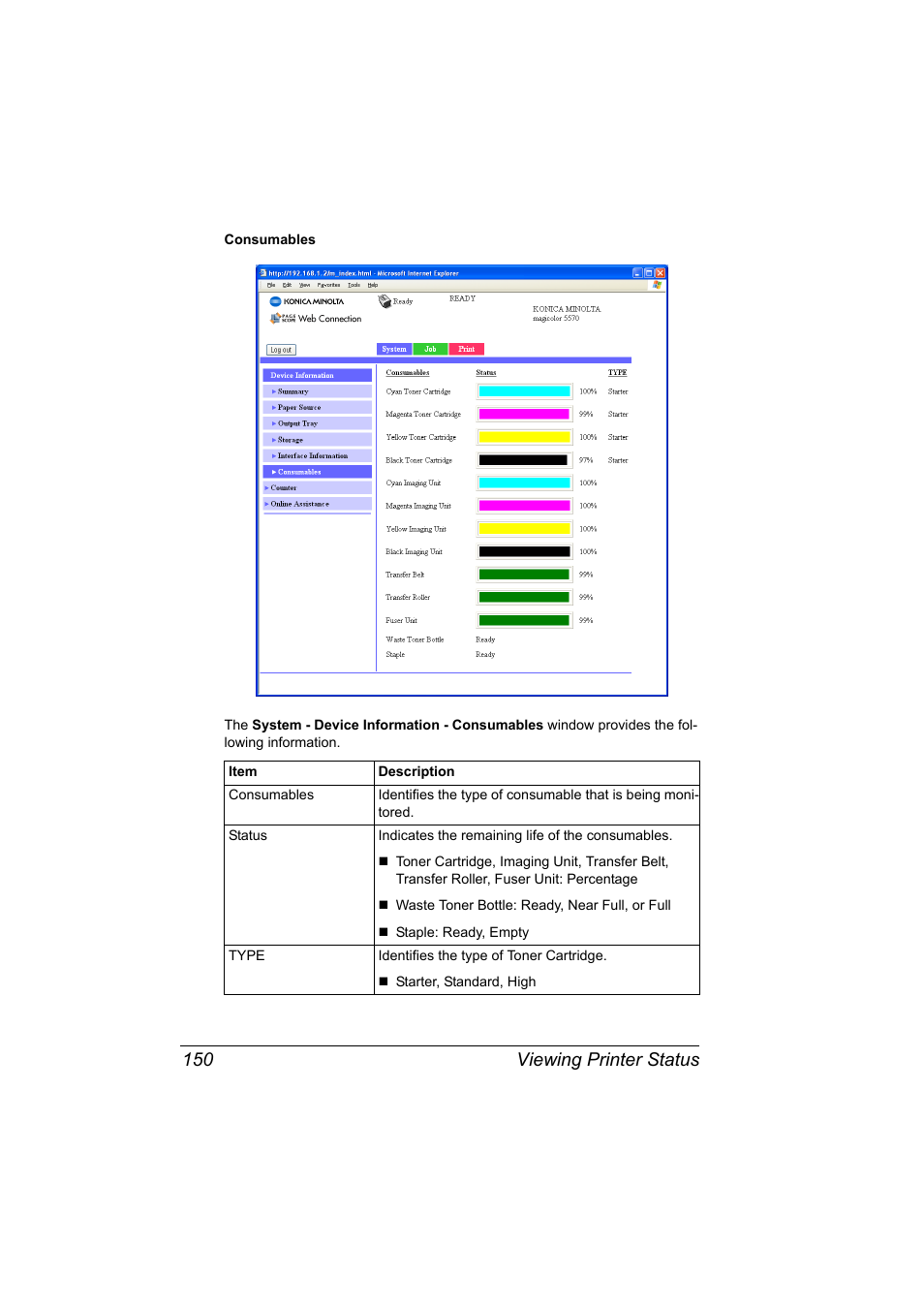 Viewing printer status 150 | Konica Minolta magicolor 5570CK User Manual | Page 168 / 296
