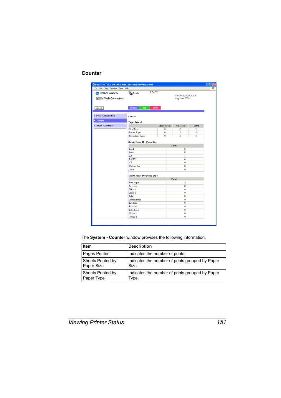Counter, Counter 151, Viewing printer status 151 | Konica Minolta magicolor 5570CK User Manual | Page 169 / 296