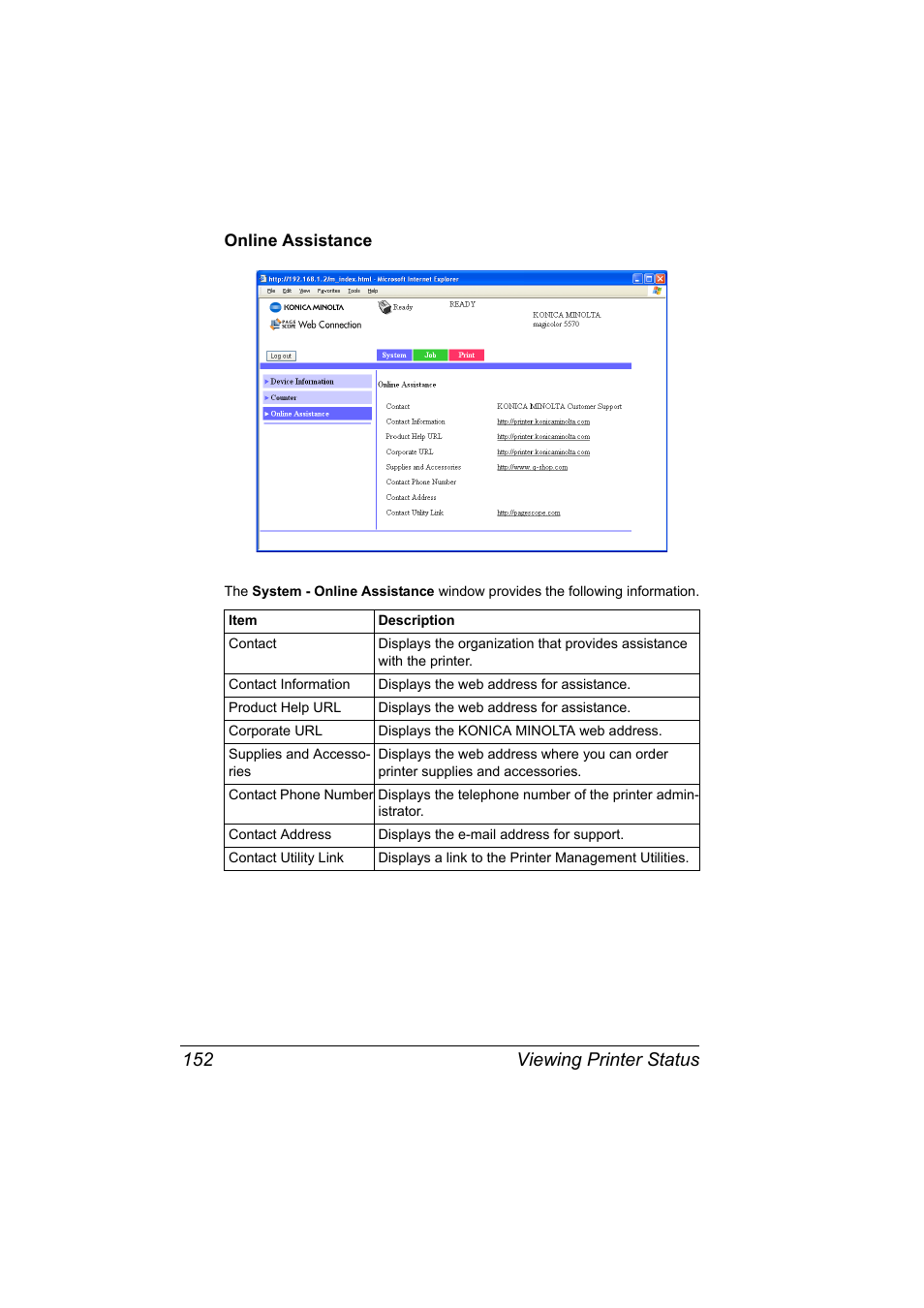 Online assistance, Online assistance 152, Viewing printer status 152 | Konica Minolta magicolor 5570CK User Manual | Page 170 / 296