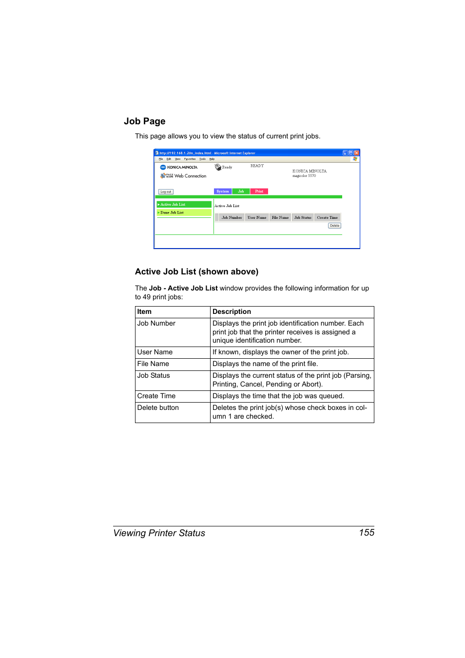 Active job list (shown above), Active job list (shown above) 155, Viewing printer status 155 job page | Konica Minolta magicolor 5570CK User Manual | Page 173 / 296