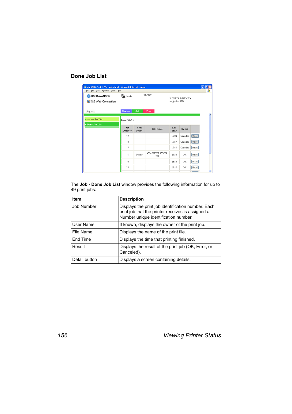 Done job list, Done job list 156, Viewing printer status 156 | Konica Minolta magicolor 5570CK User Manual | Page 174 / 296