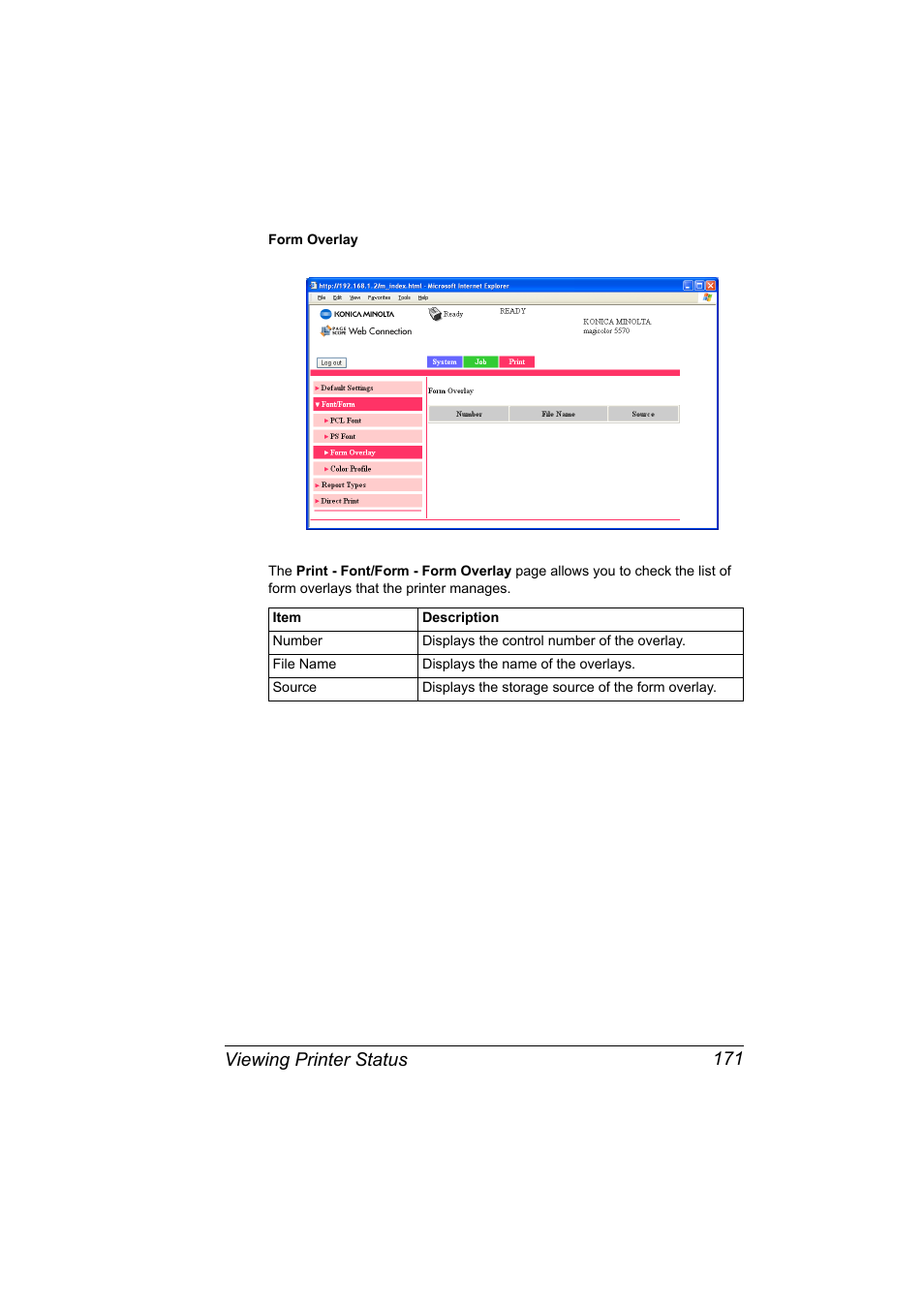 Viewing printer status 171 | Konica Minolta magicolor 5570CK User Manual | Page 189 / 296