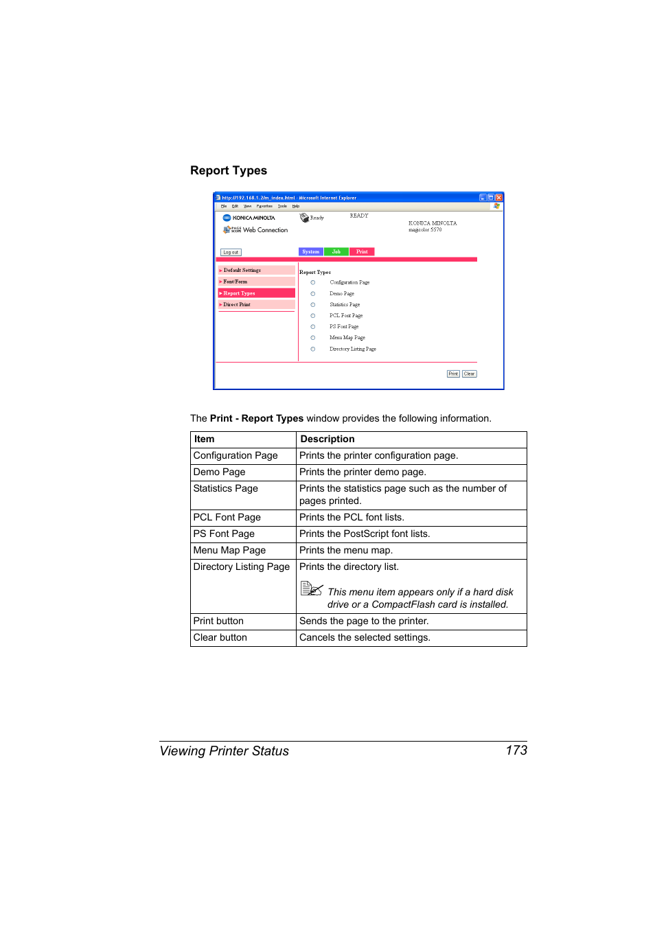 Report types, Report types 173, Viewing printer status 173 | Konica Minolta magicolor 5570CK User Manual | Page 191 / 296