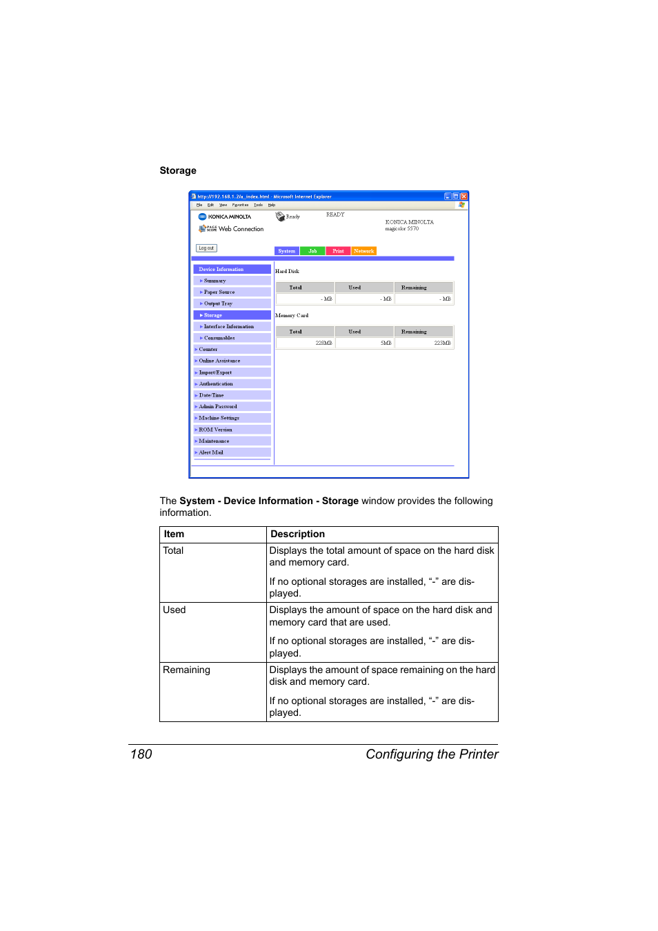 Configuring the printer 180 | Konica Minolta magicolor 5570CK User Manual | Page 198 / 296