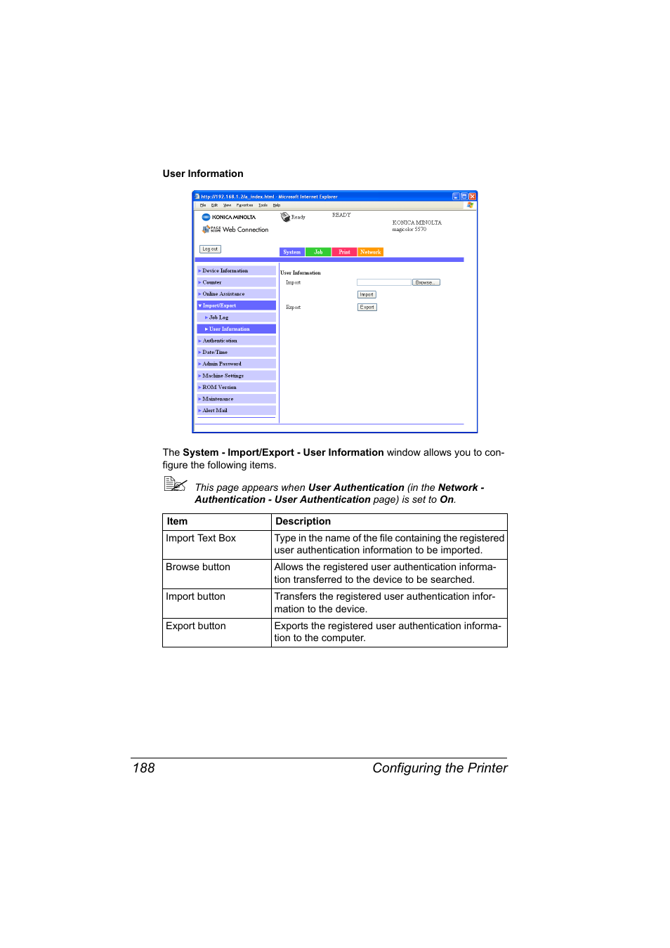 Configuring the printer 188 | Konica Minolta magicolor 5570CK User Manual | Page 206 / 296