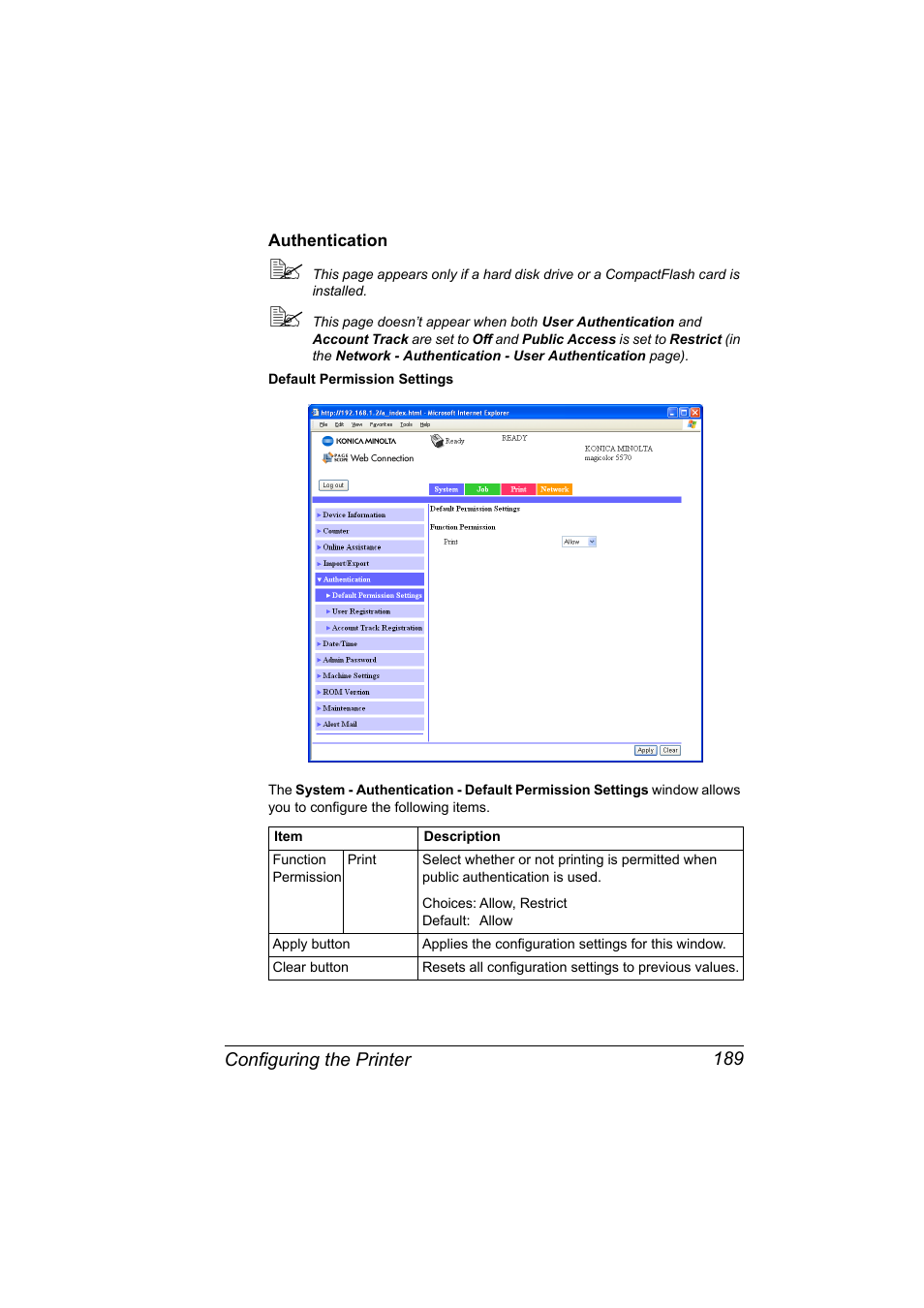 Authentication, Authentication 189 | Konica Minolta magicolor 5570CK User Manual | Page 207 / 296