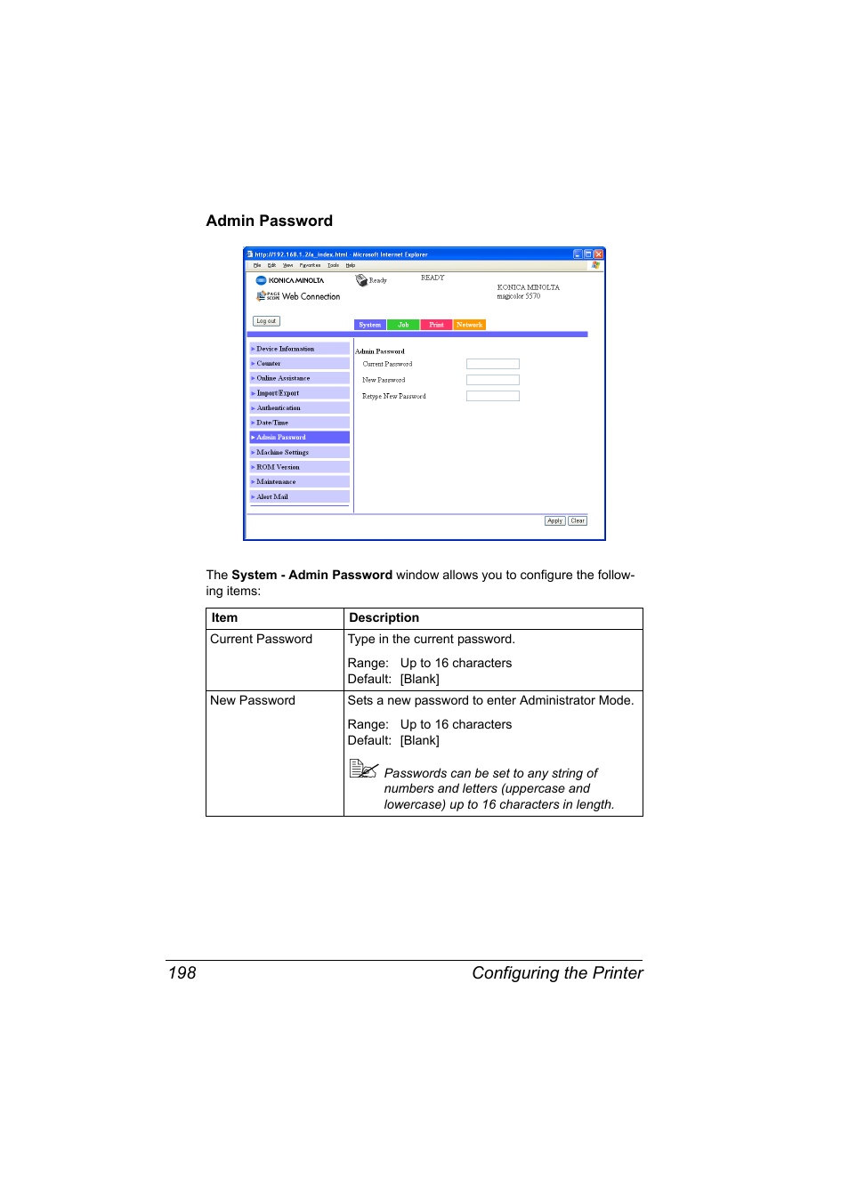 Admin password, Admin password 198 | Konica Minolta magicolor 5570CK User Manual | Page 216 / 296