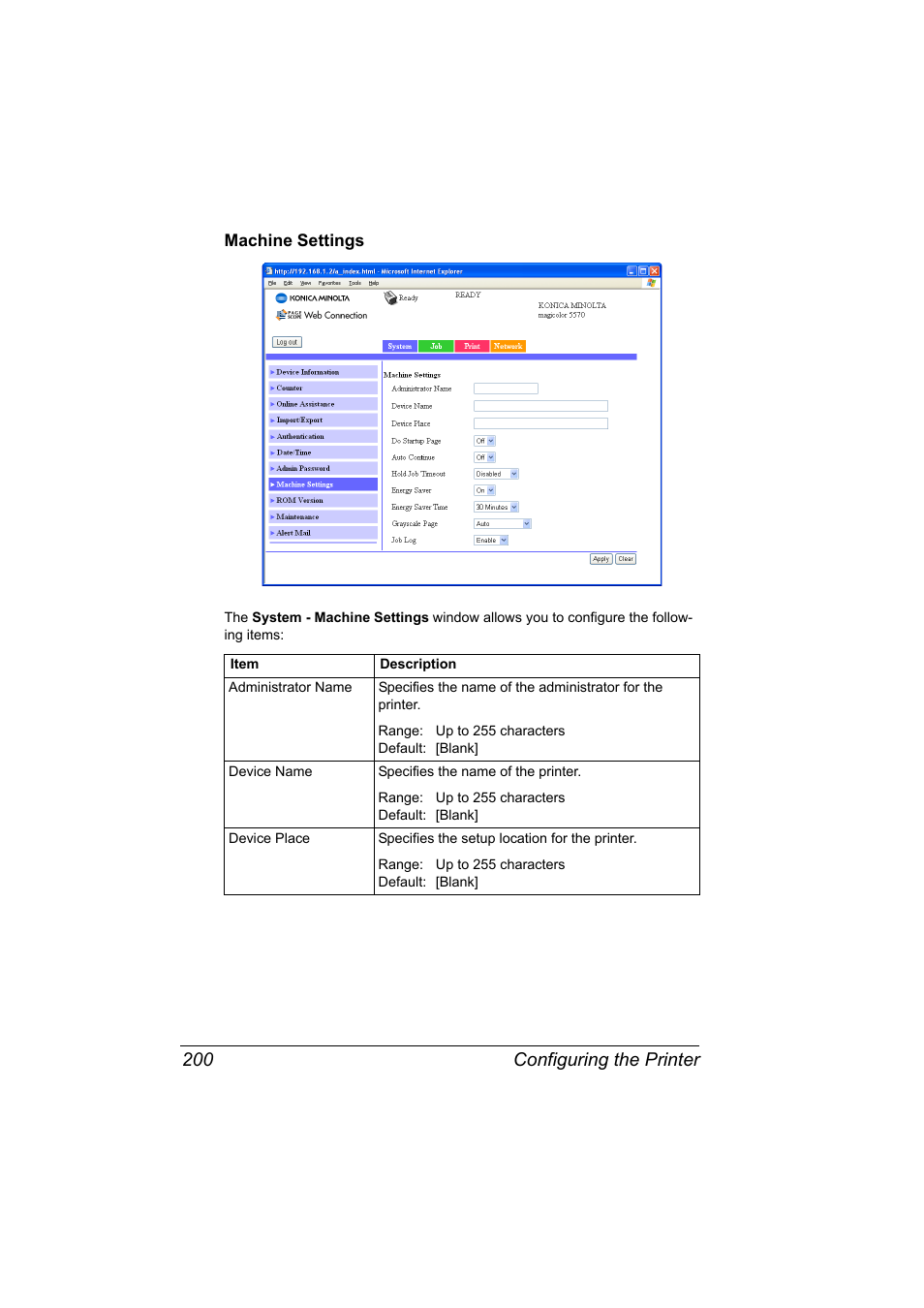 Machine settings, Machine settings 200, Configuring the printer 200 | Konica Minolta magicolor 5570CK User Manual | Page 218 / 296