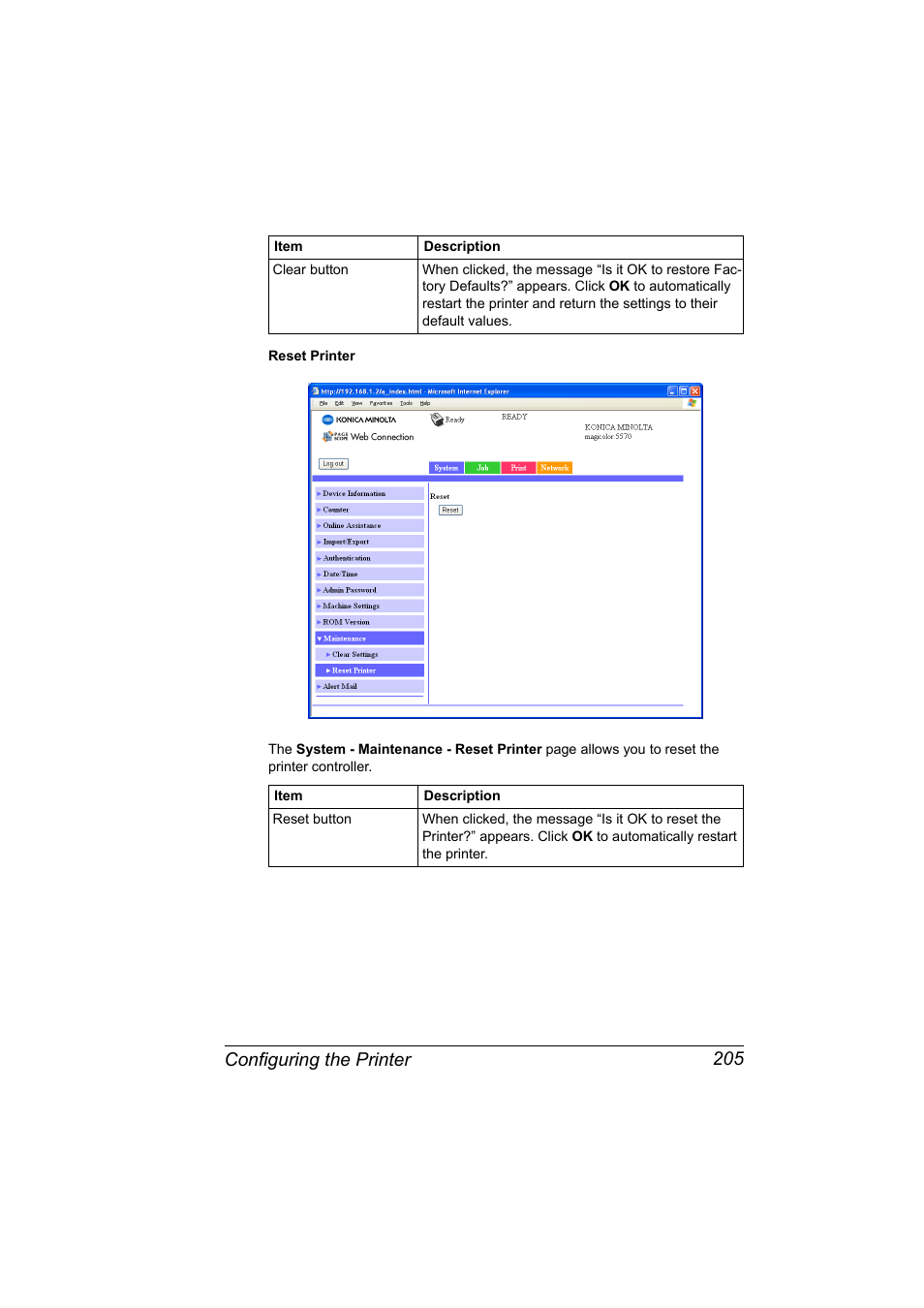 Configuring the printer 205 | Konica Minolta magicolor 5570CK User Manual | Page 223 / 296