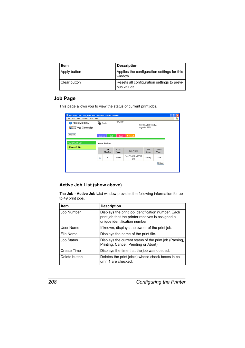 Active job list (show above), Active job list (show above) 208, Configuring the printer 208 job page | Konica Minolta magicolor 5570CK User Manual | Page 226 / 296
