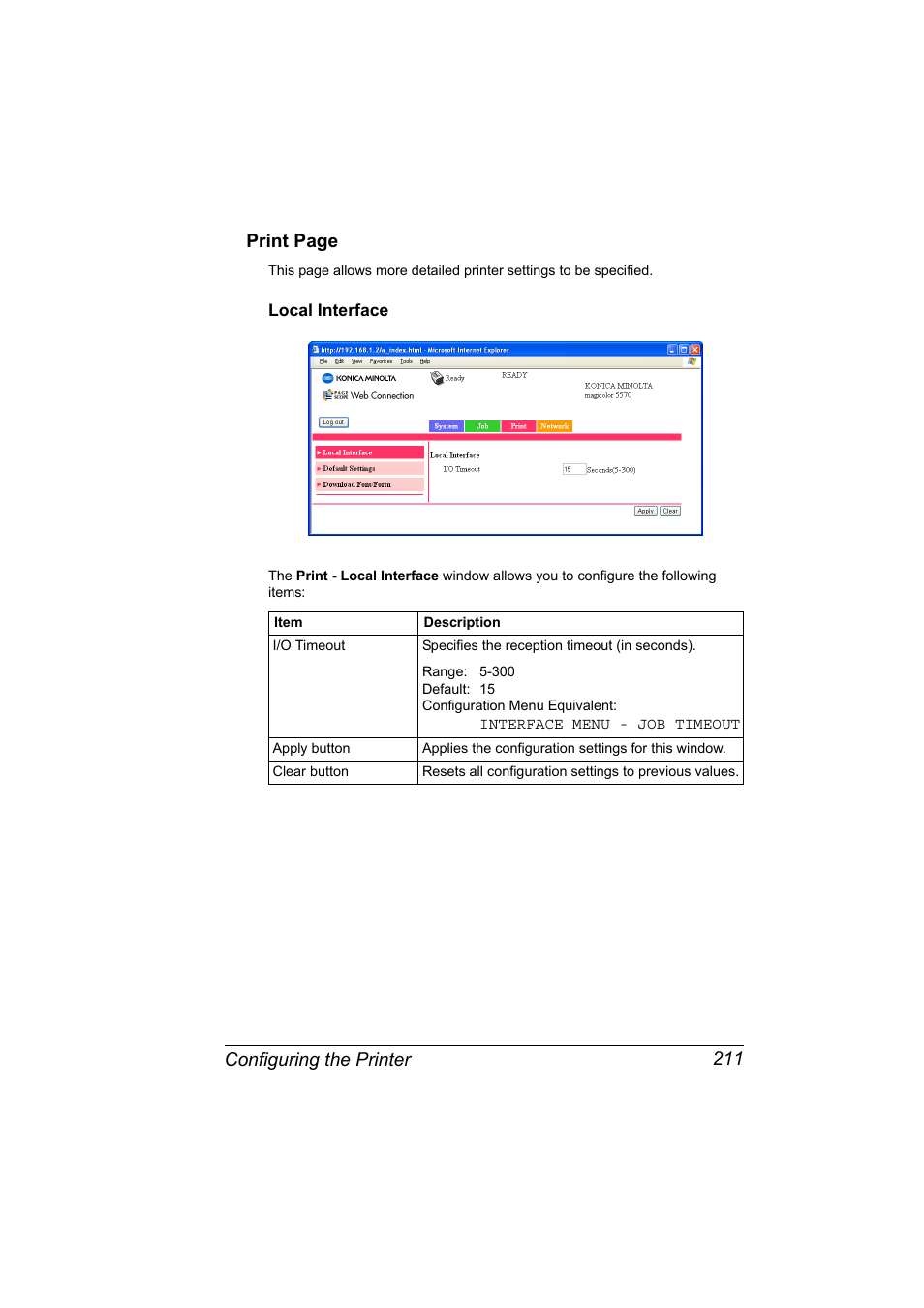 Local interface, Local interface 211, Configuring the printer 211 print page | Konica Minolta magicolor 5570CK User Manual | Page 229 / 296
