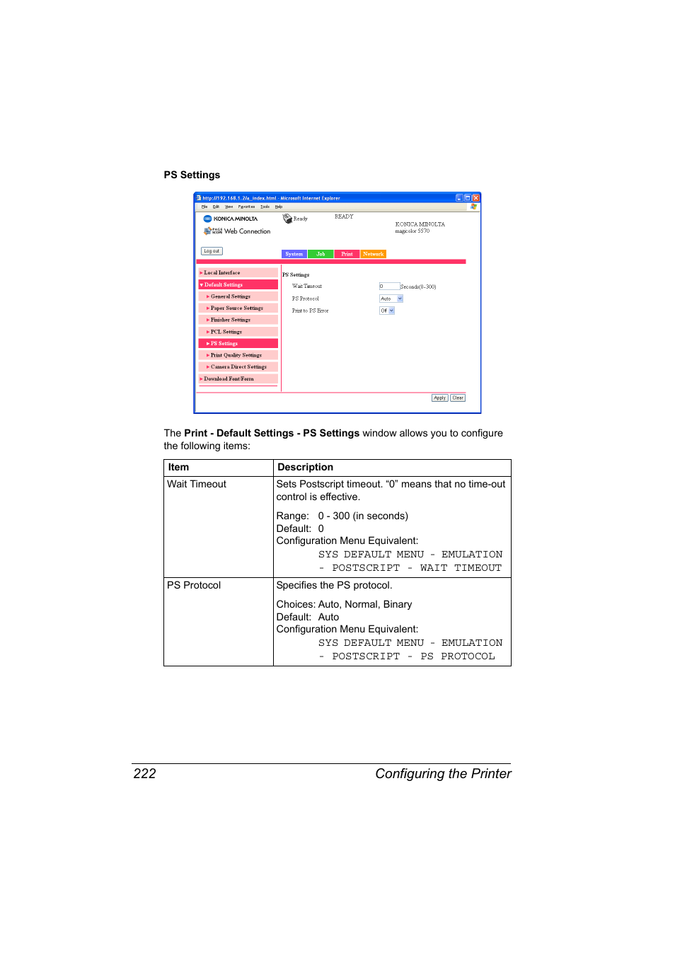 Configuring the printer 222 | Konica Minolta magicolor 5570CK User Manual | Page 240 / 296