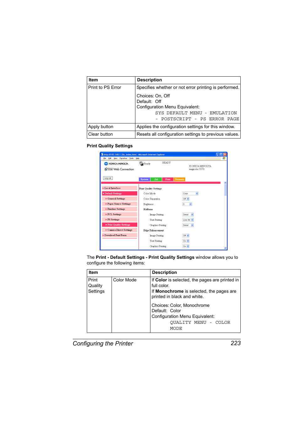 Configuring the printer 223 | Konica Minolta magicolor 5570CK User Manual | Page 241 / 296