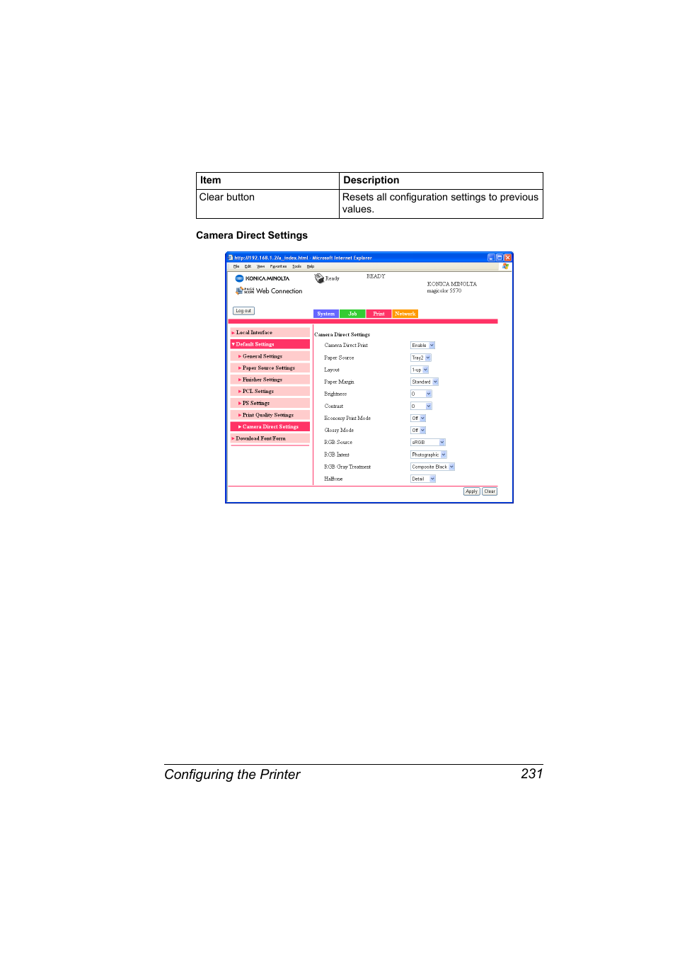 Configuring the printer 231 | Konica Minolta magicolor 5570CK User Manual | Page 249 / 296